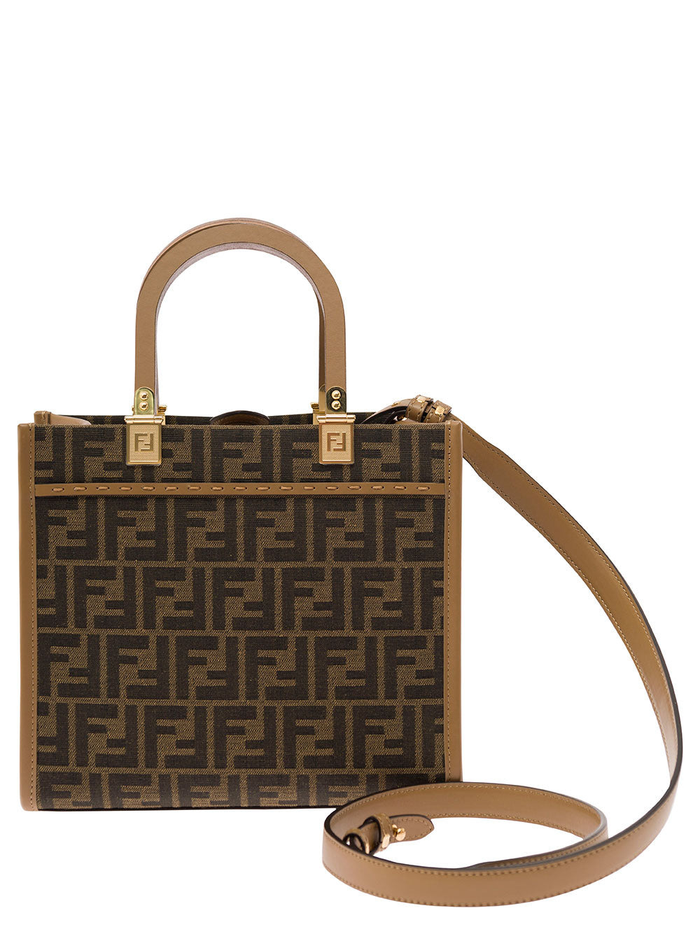 Fendi Women 'Sunshine Small' Brown Tote Bag With Logo In Ff Jacquard Canvas And Leather Woman - 4