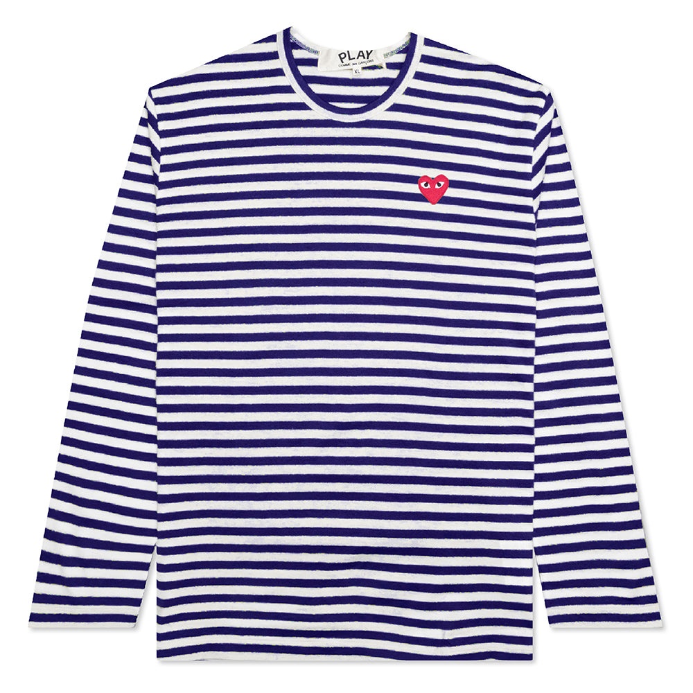 COMME DES GARCONS PLAY STRIPED BIG HEART LONG SLEEVE T-SHIRT - BLUE/WHITE - 1