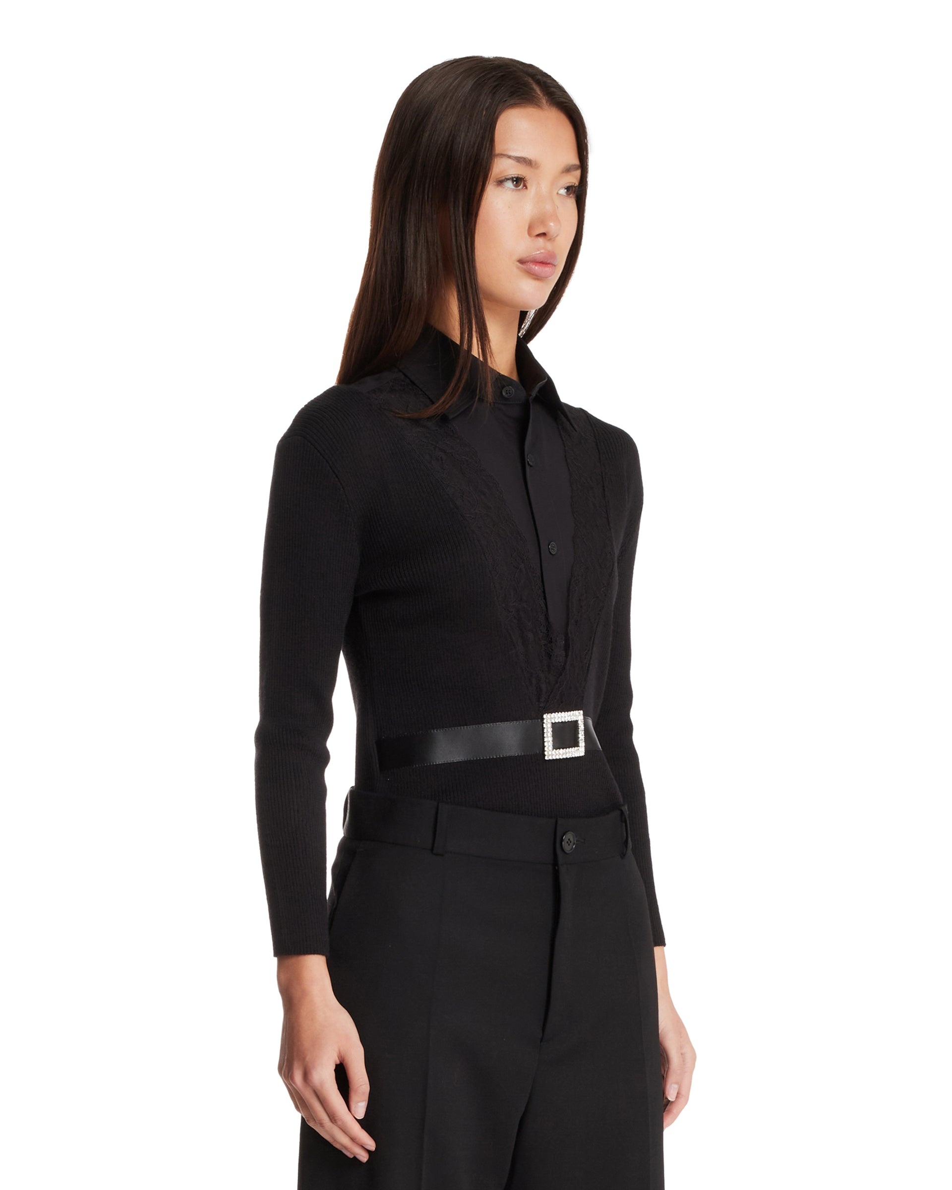 Black Shirt-Cardigan with Belt - 4