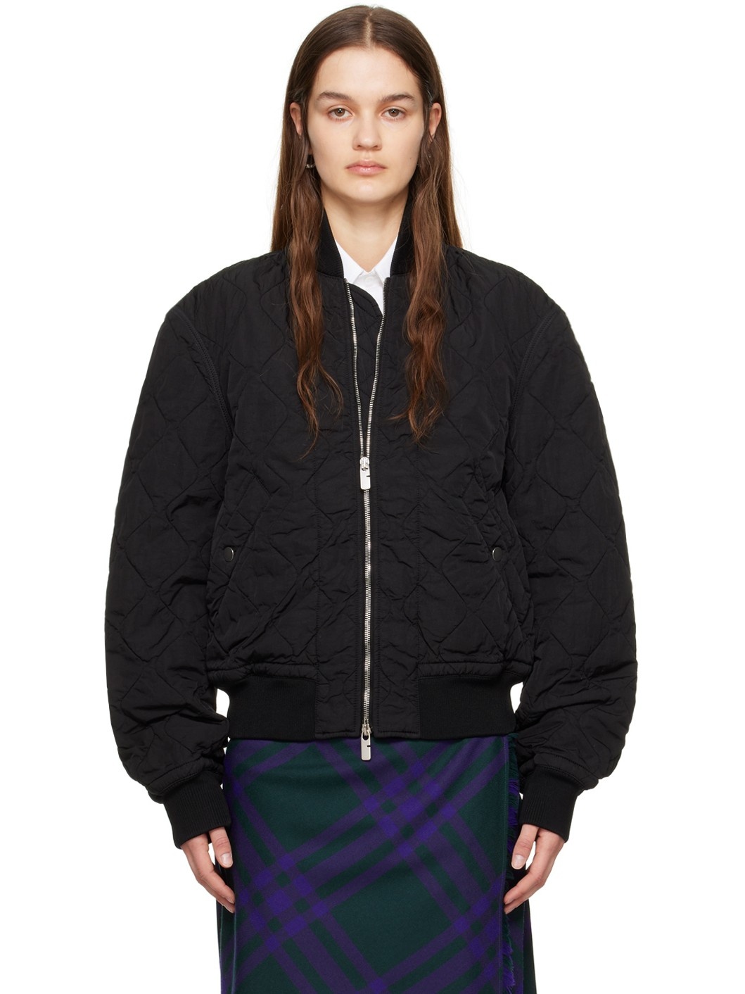 Black Quilted Bomber Jacket - 1