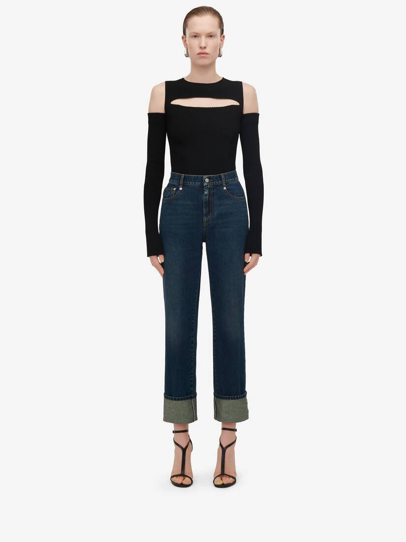 Women's Slashed Knit Top in Black - 3
