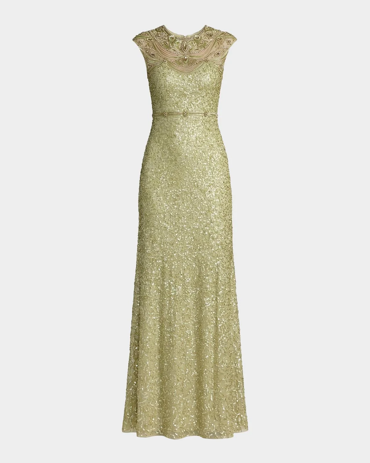 Cap-Sleeve Beaded Mesh Column Gown - 1