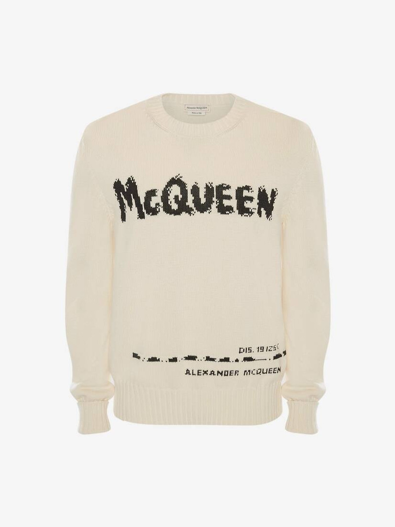 Mcqueen Graffiti Crew Neck Jumper in Ivory/black - 1