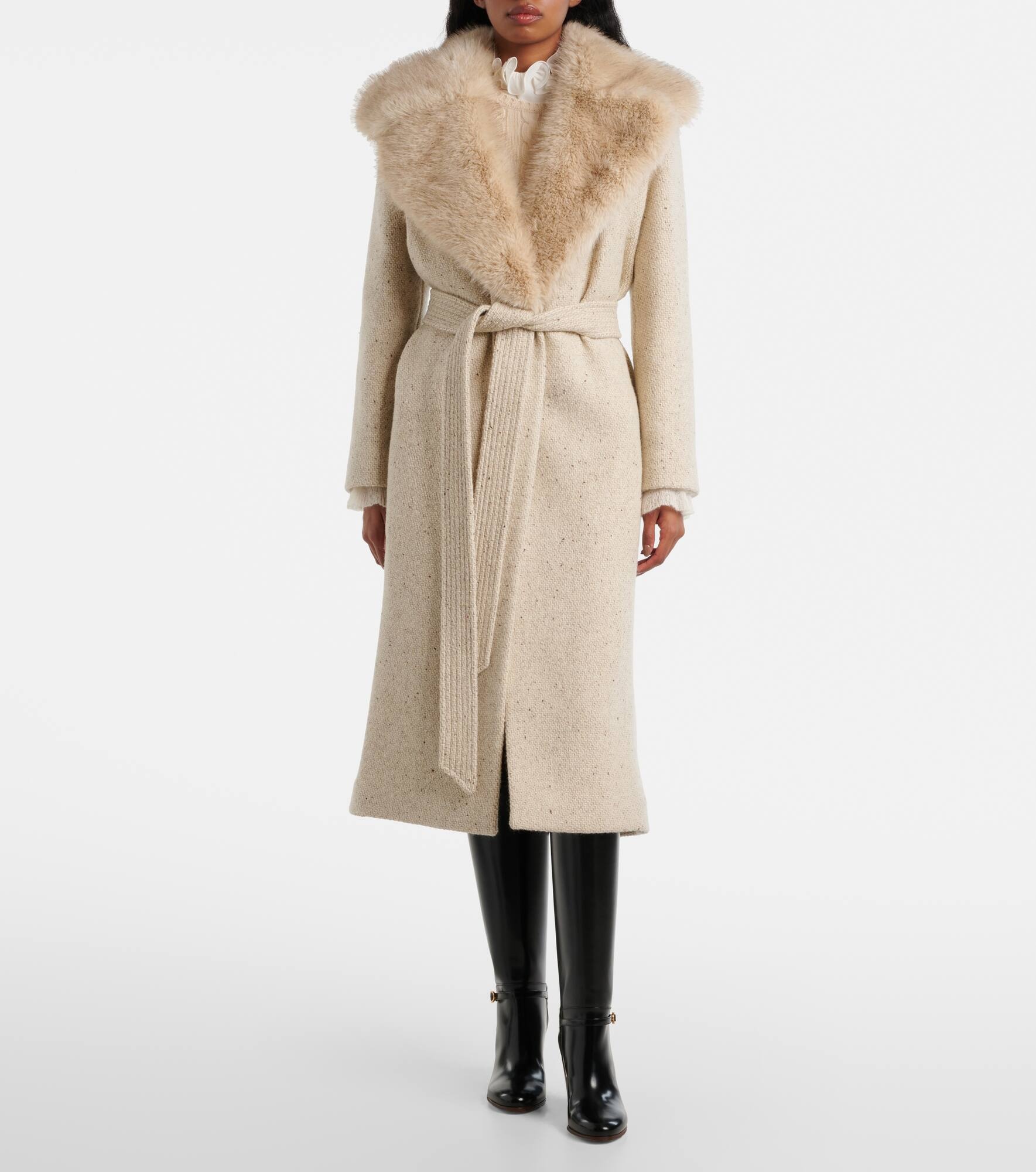 Faux fur-trimmed virgin wool wrap coat - 6