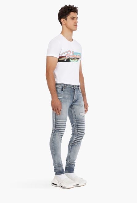 Slim-cut ripped blue cotton jeans - 7