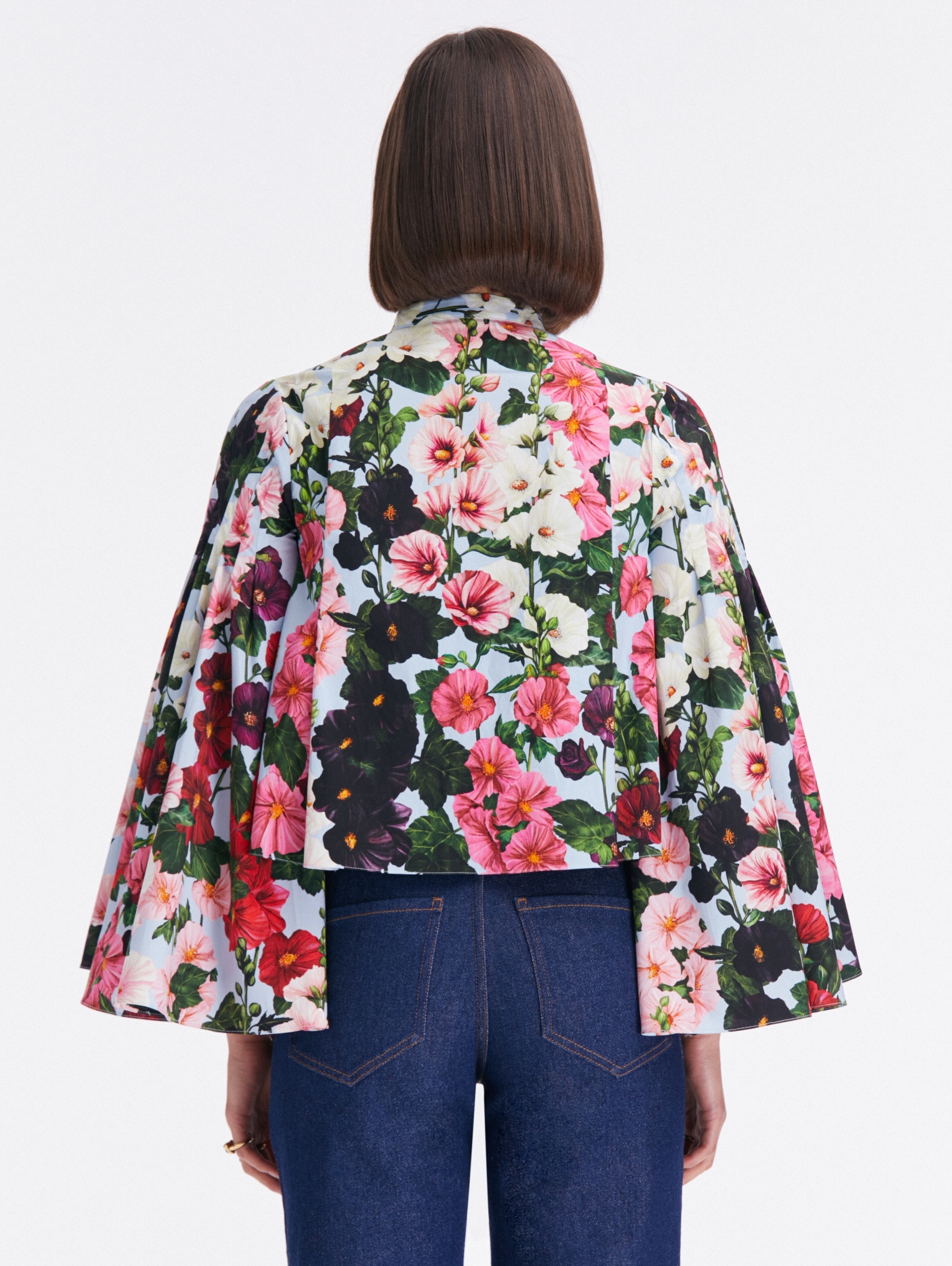 BELL SLEEVE HOLLYHOCKS COTTON POPLIN BLOUSE - 3