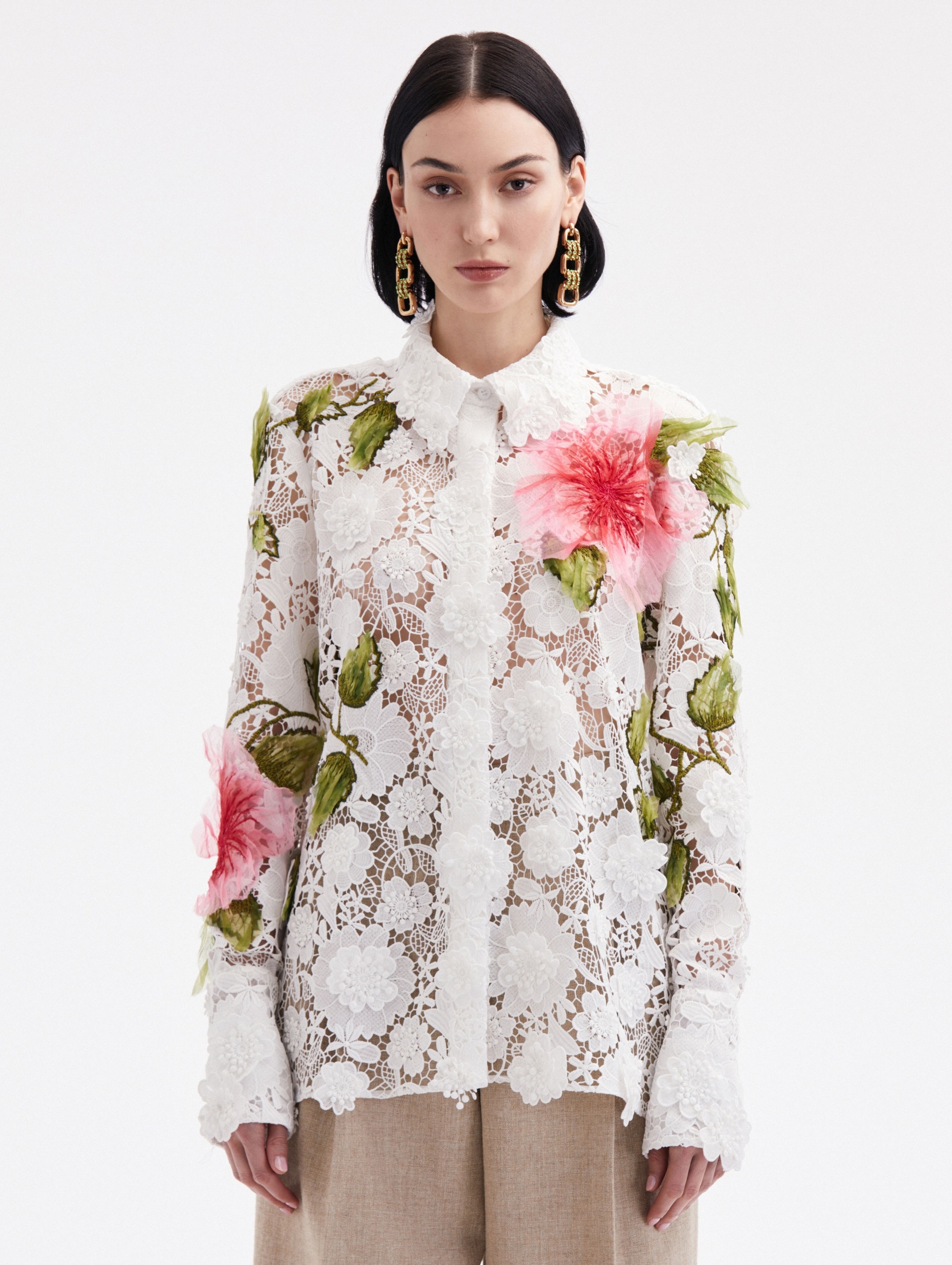 HIBISCUS EMBROIDERED FLORAL GUIPURE BLOUSE - 1