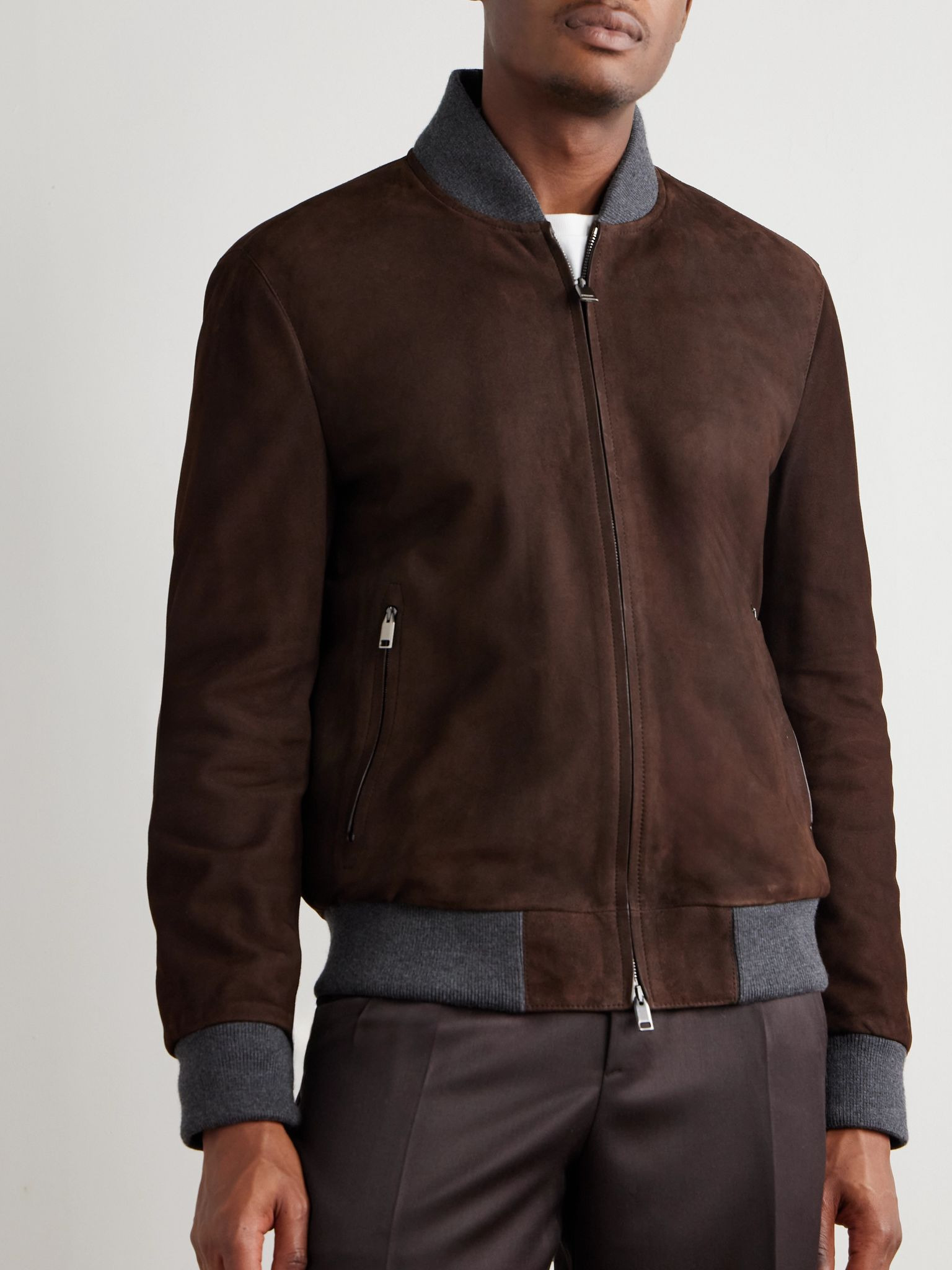 Wool-Trimmed Suede Bomber Jacket Brown - 3
