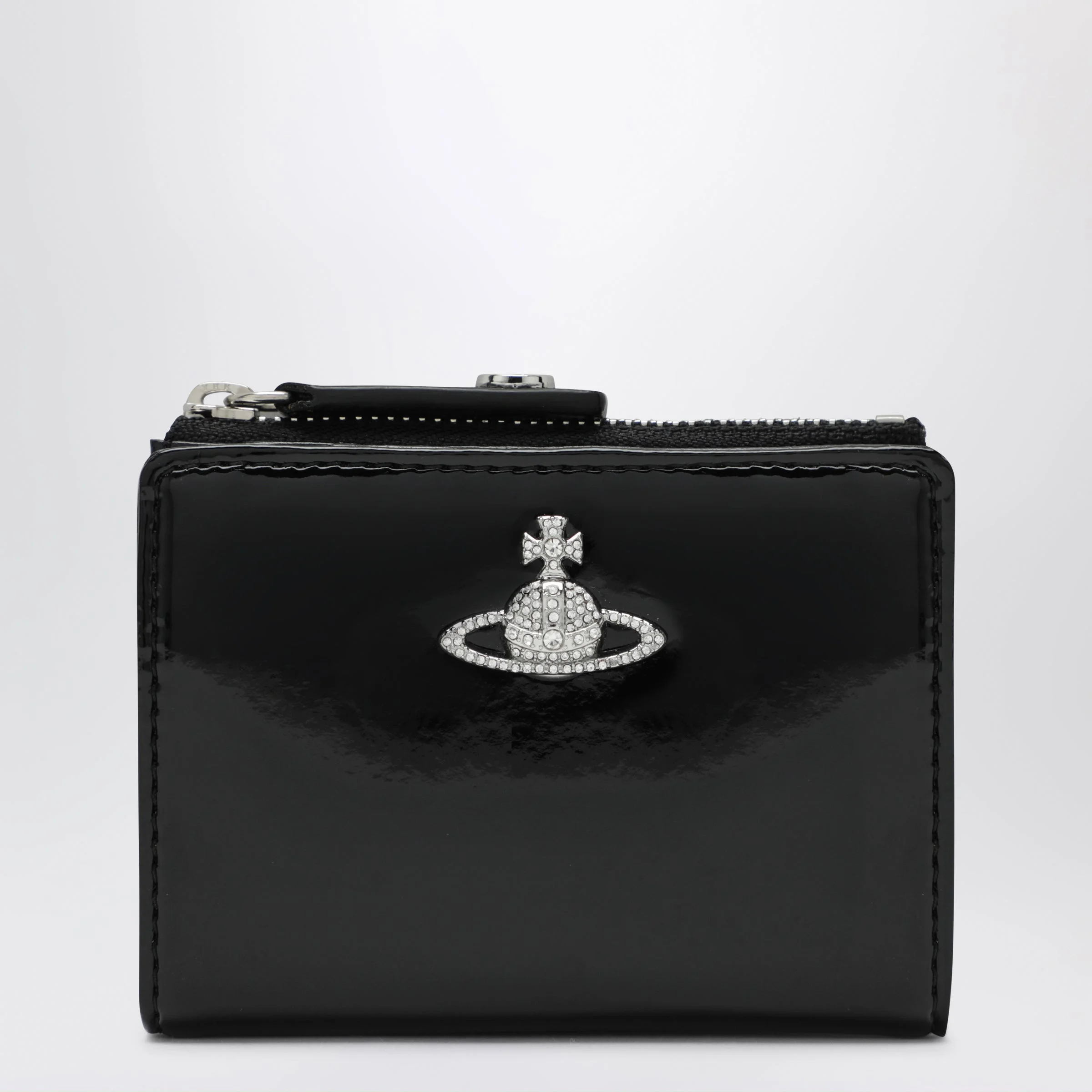 Black Slim Flap Card Holder with crystal-embellished Orb Bas Relief - 1