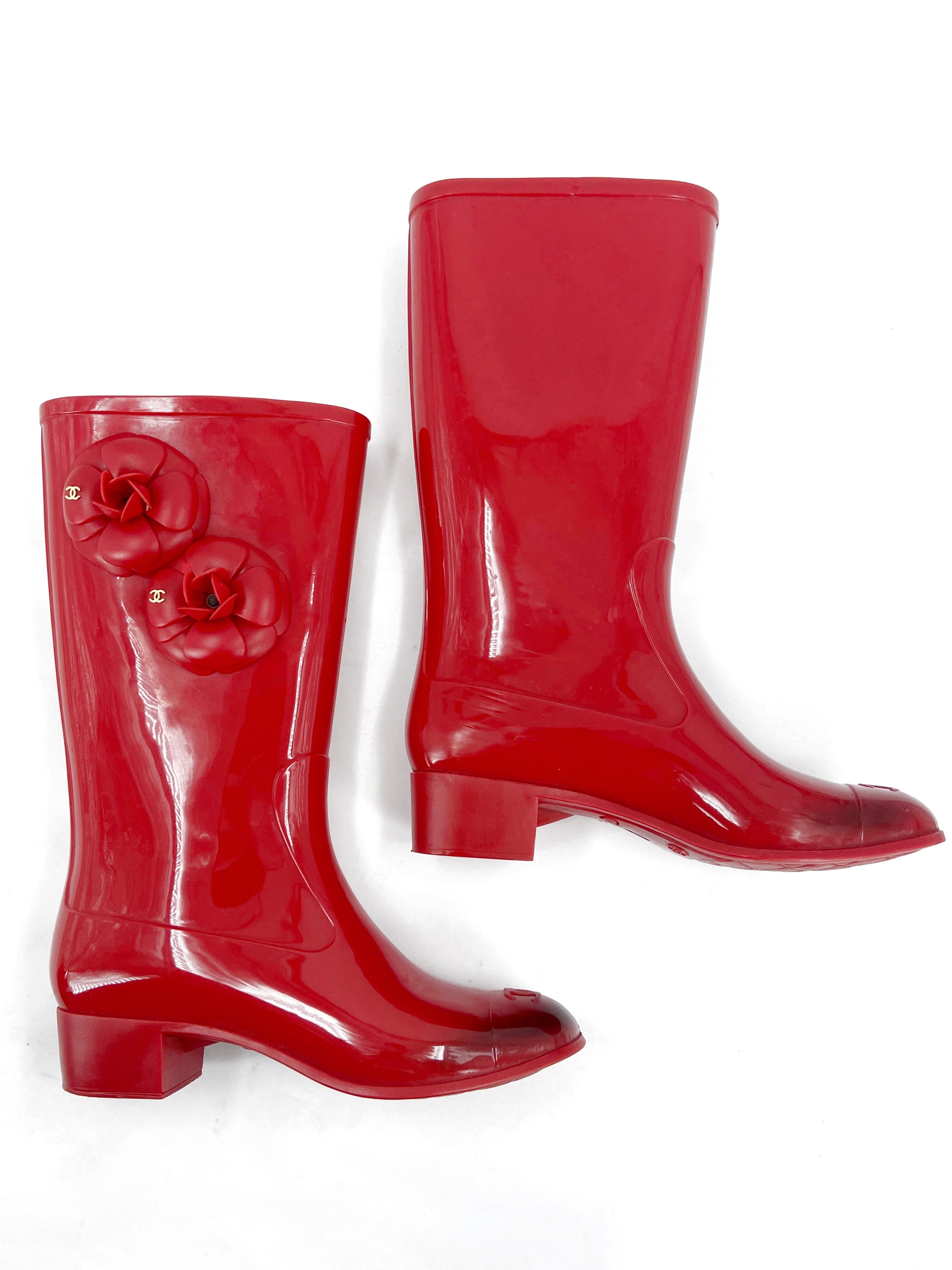 Chanel Karl Lagerfeld Red Camellia Rubber Rainboot - 3