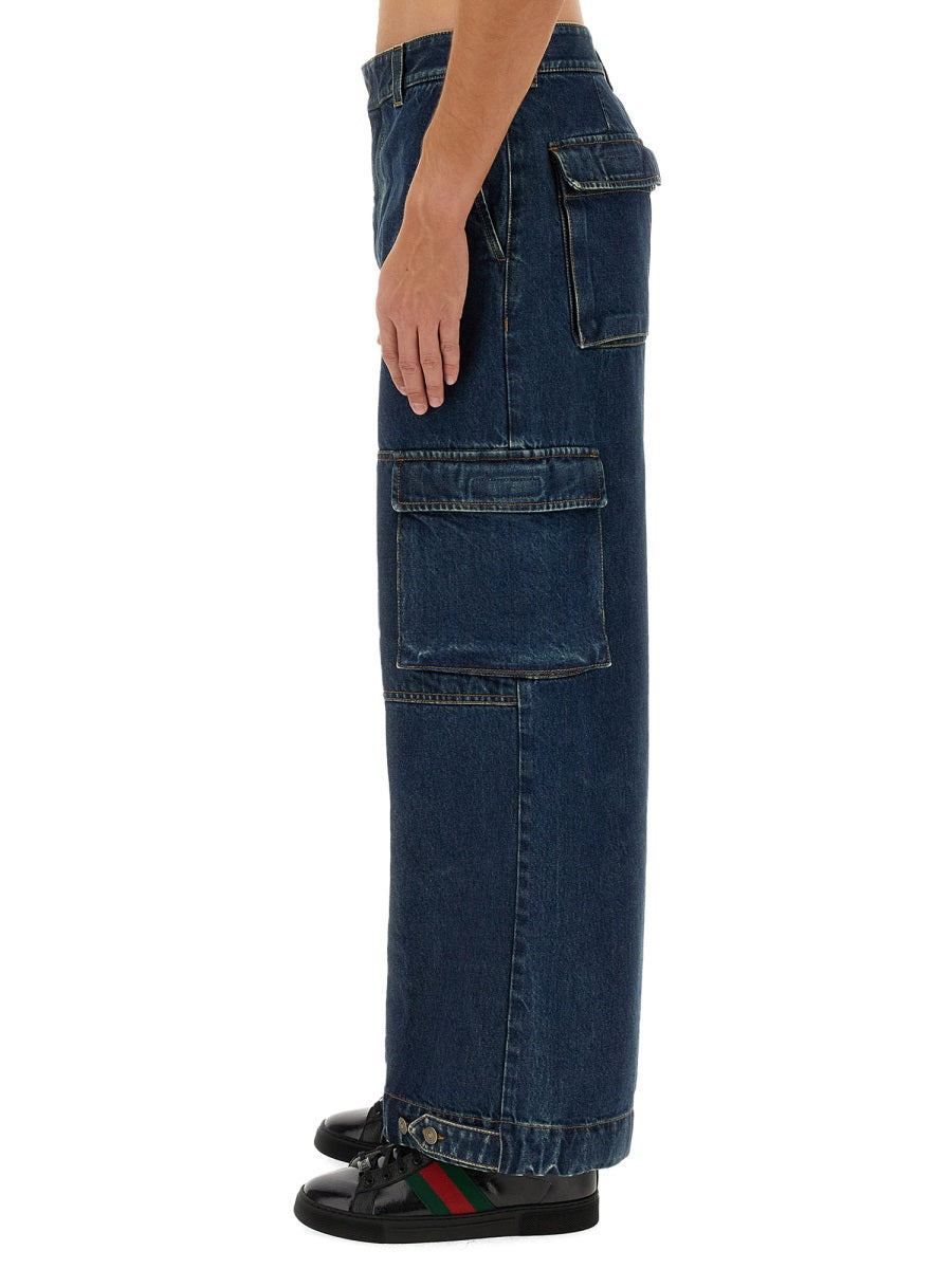 Gucci Men Denim Pants With Gucci Label - 2