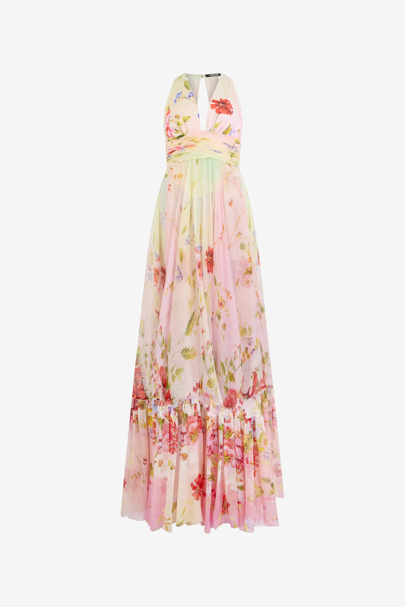 Long Chiffon Dress with Miami Flowers Print 1