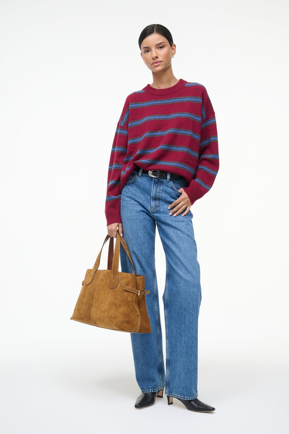 STAUD SERRANO CASHMERE RELAXED CREW CRIMSON STRIPE - 6