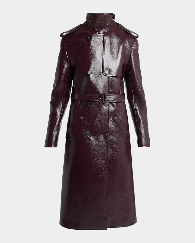Vinyl Double-Breasted Belted Long Trench Coat 1