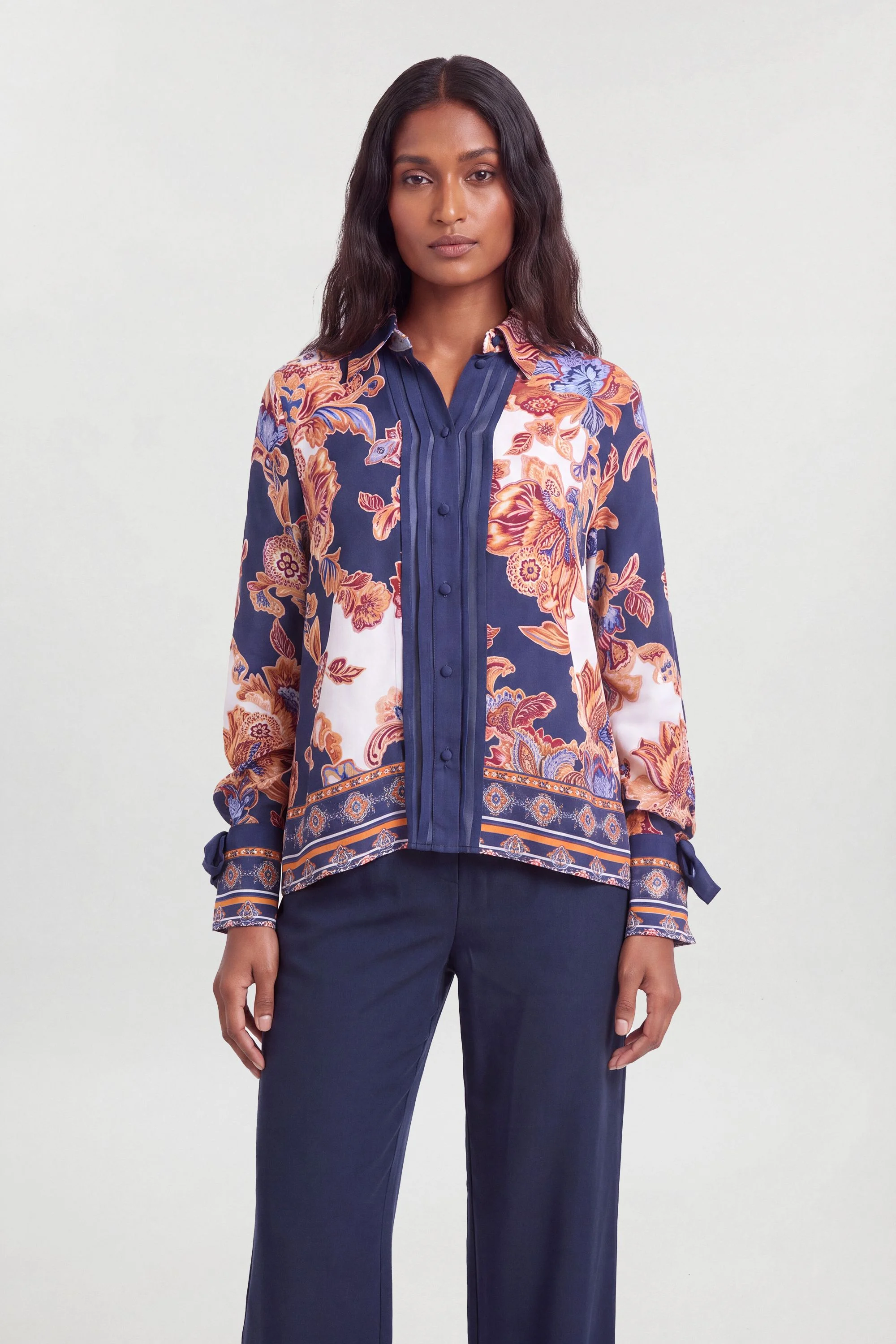 Baroque Print Tie Sleeve Detail Viscose Shirt - 1