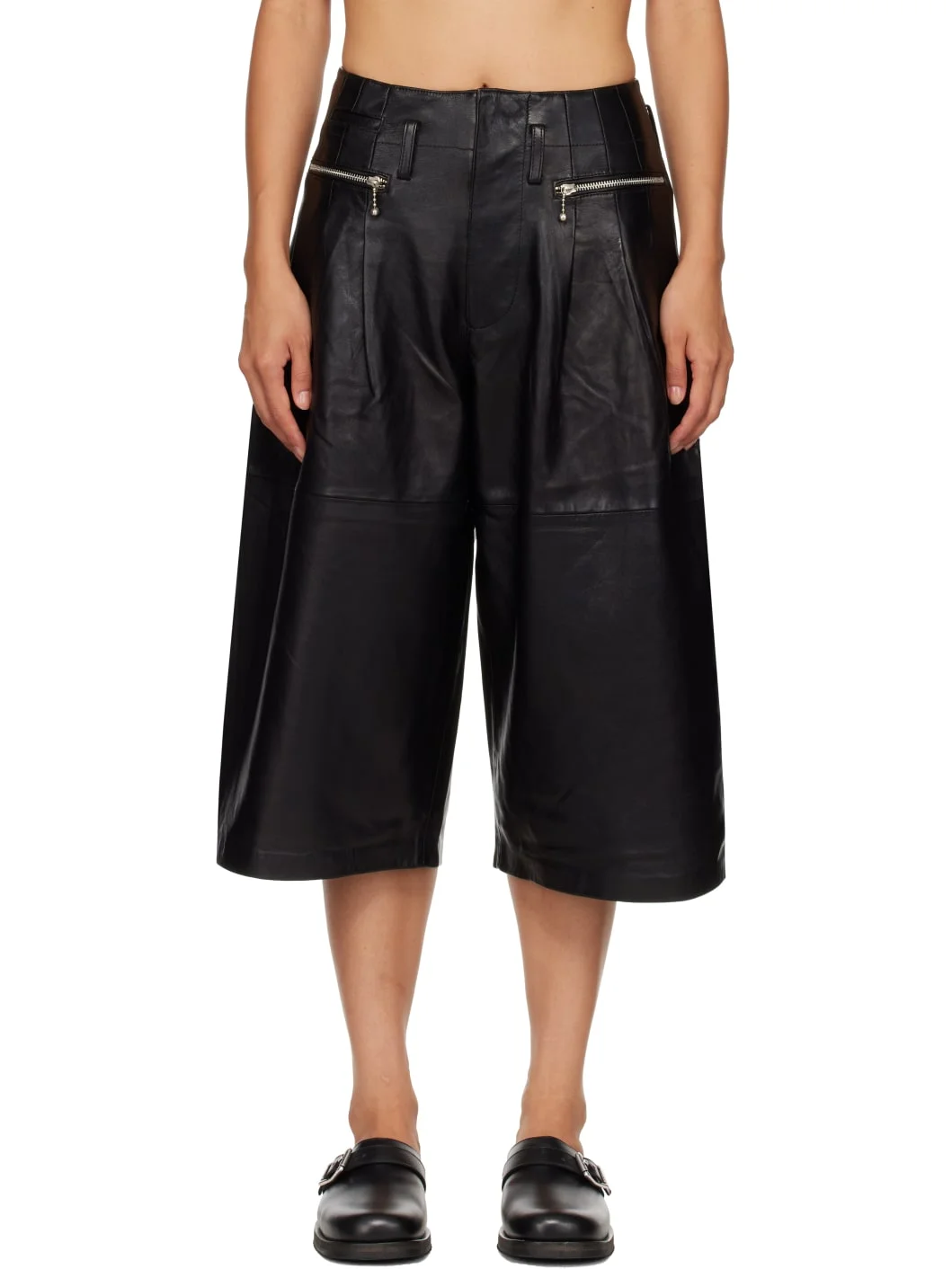 Black Triple Pleat Culotte Leather Shorts - 1