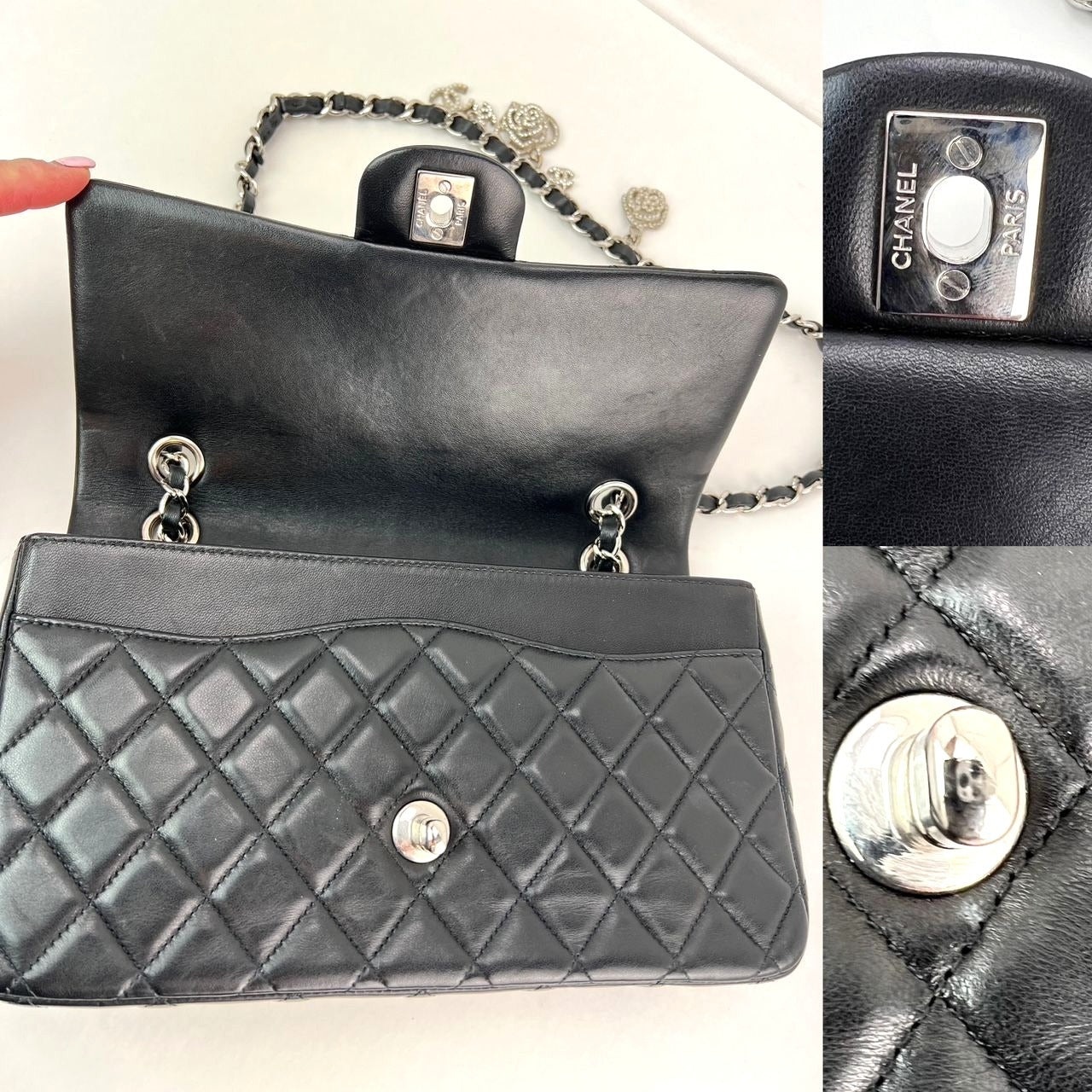 Chanel Quilted Lambskin Valentine Crystal Charms Medium Single Flap Black Bag - 6