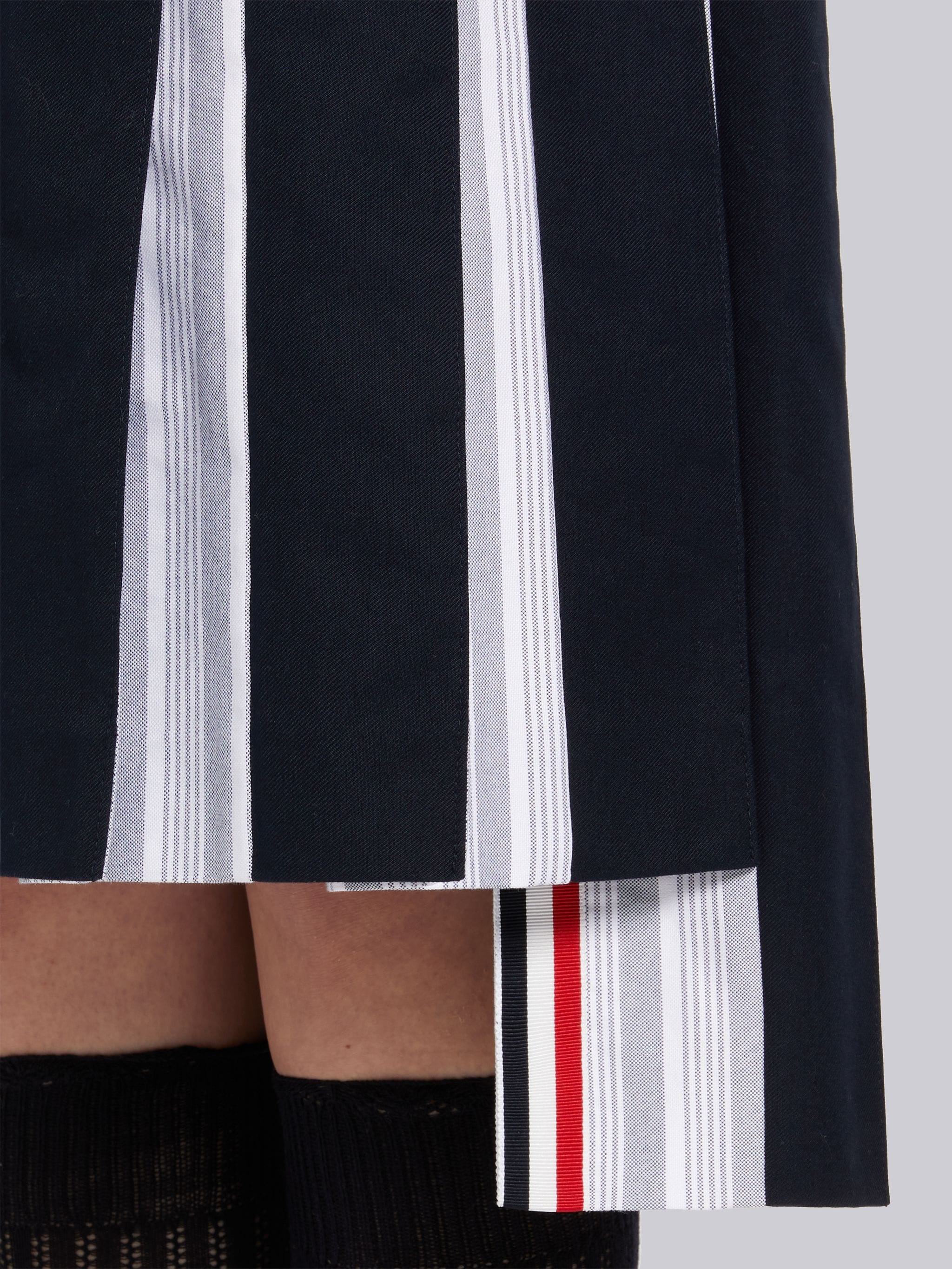 Navy Cotton Twill and Striped Oxford Engineered 4-Bar Below the Knee Dropped Back Pleated Skirt - 5