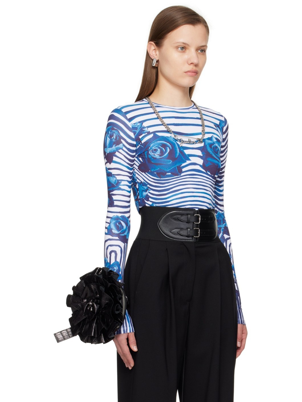 White & Blue Flower Body Morphing Long Sleeve T-Shirt - 2