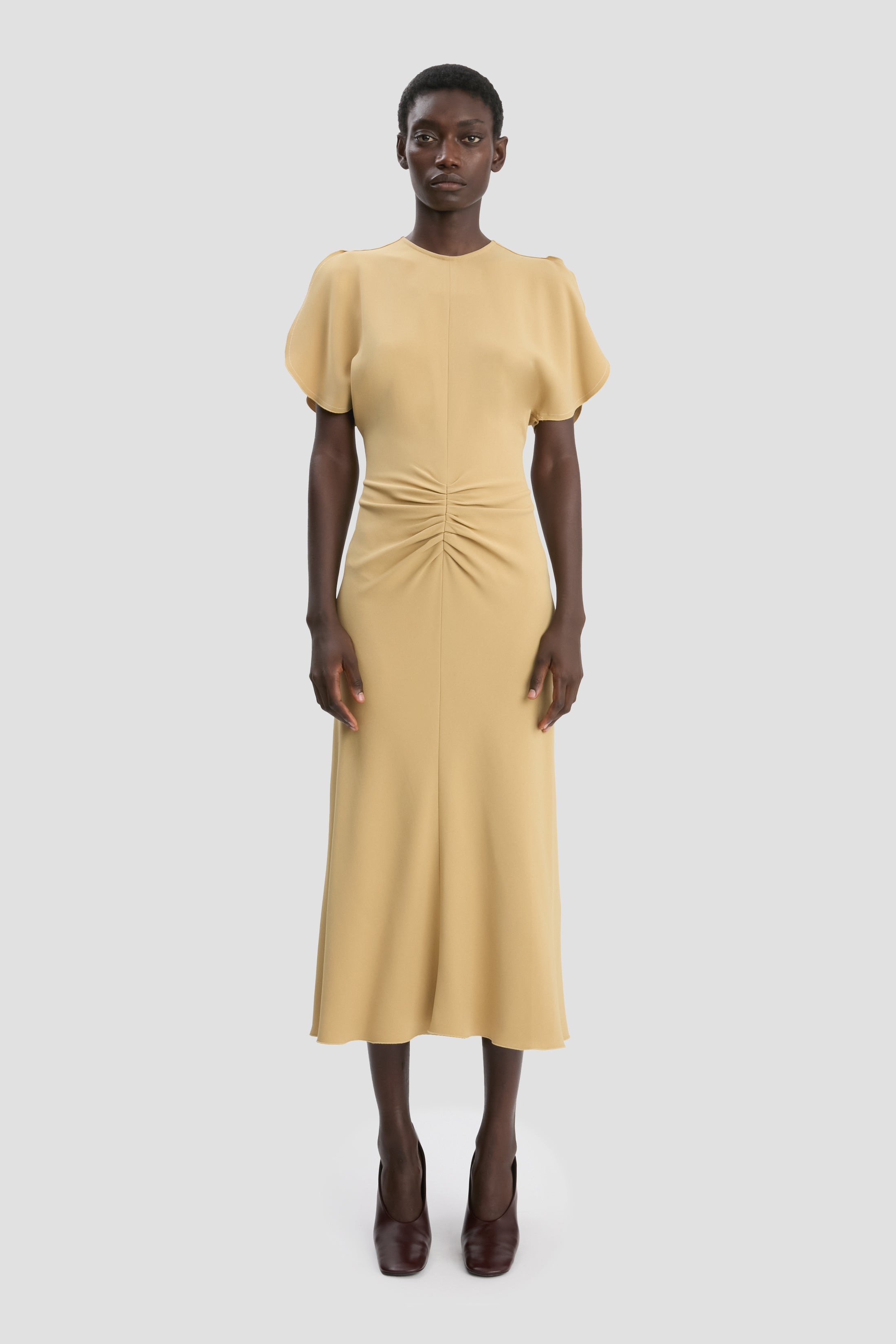 Gathered Waist Midi Dress In Honey - 2