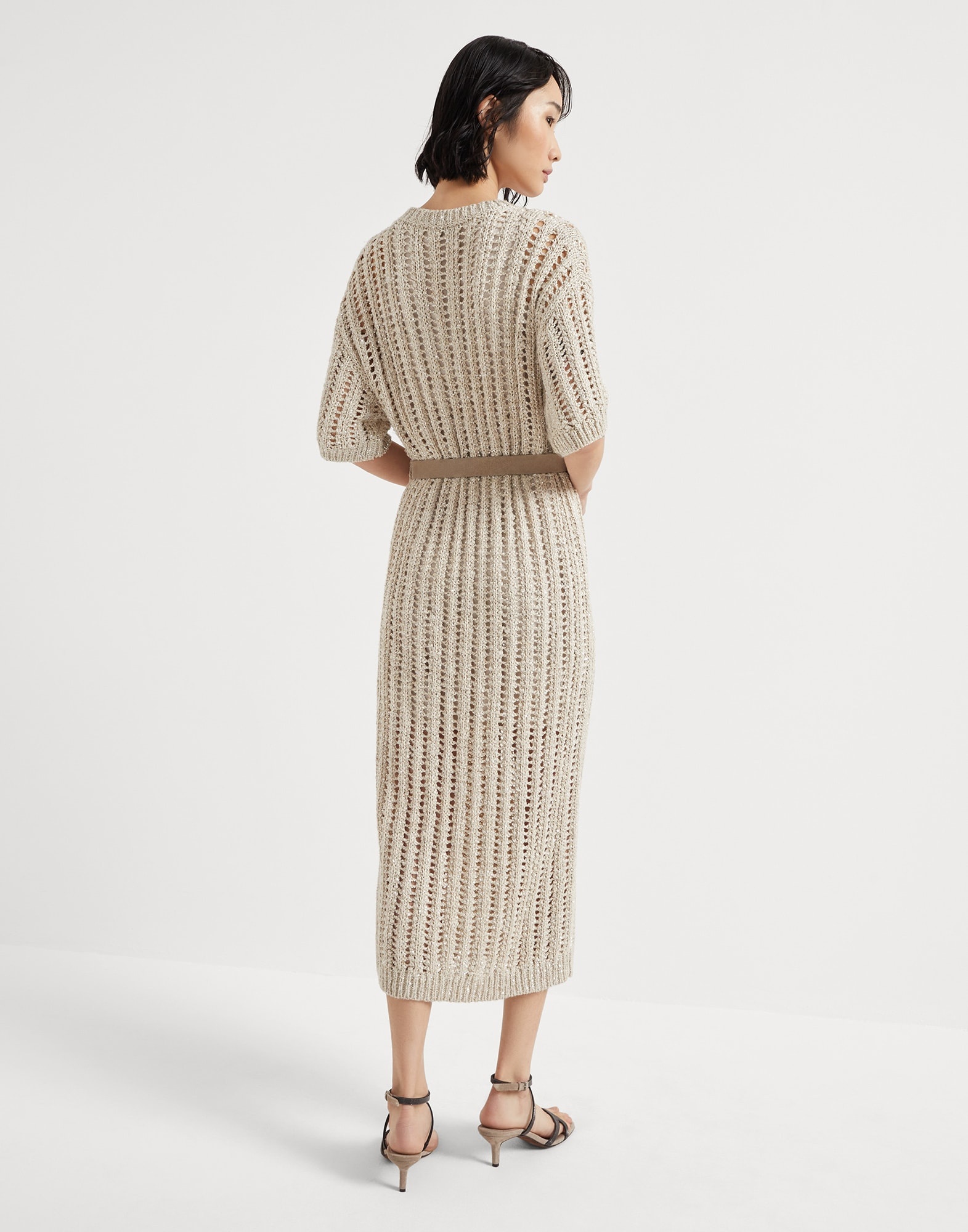 Dazzling silk and linen openwork rib knit dress with suede belt - 2
