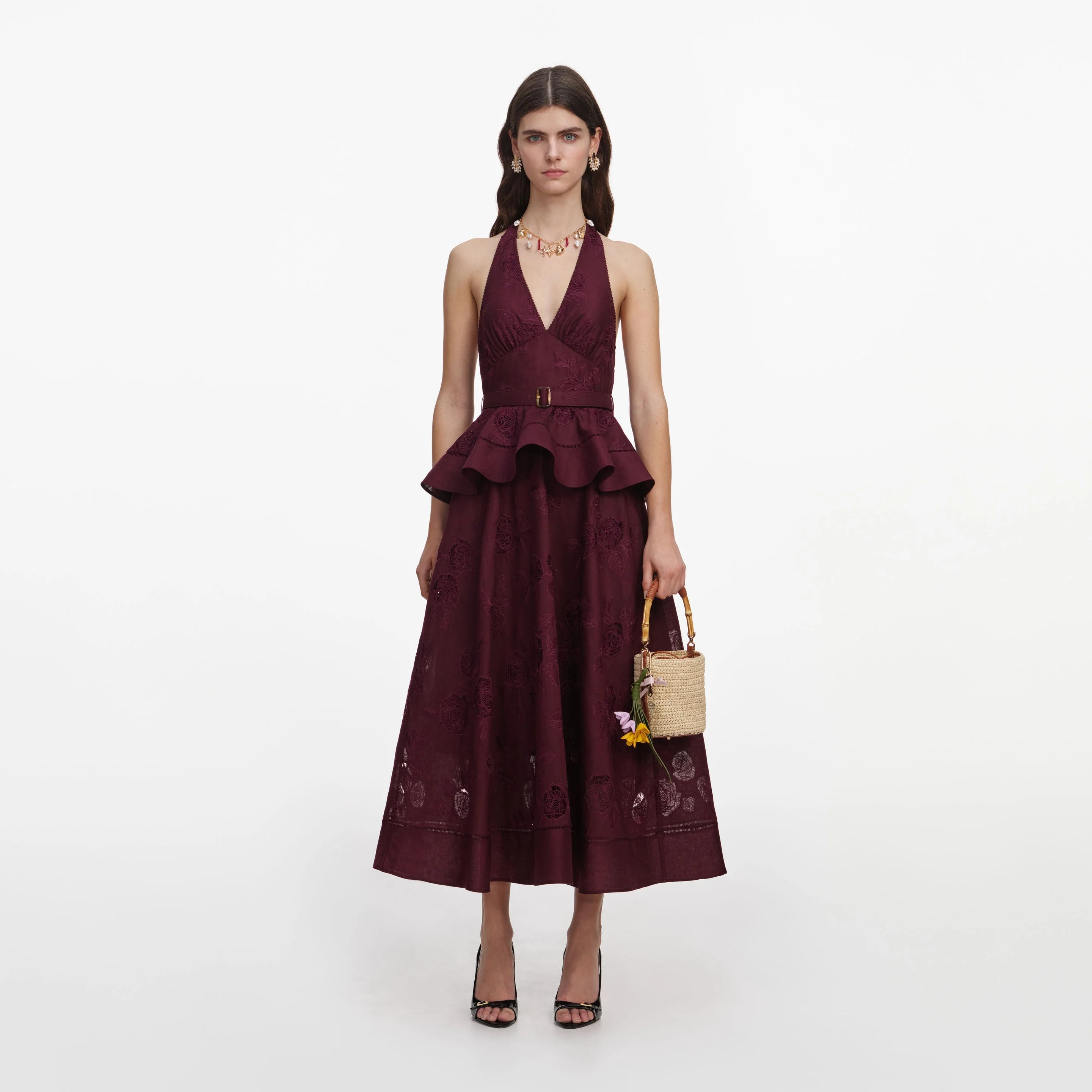 Plum Linen Blend Peplum Midi Dress - 1