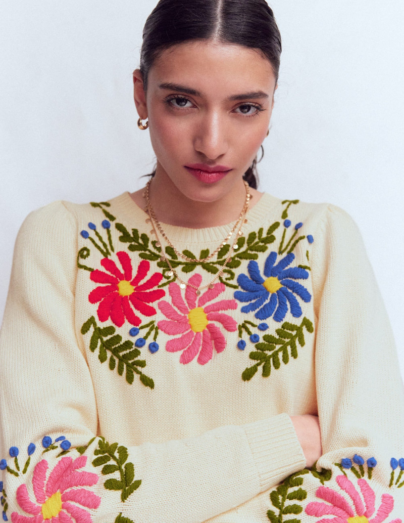 Davina Puff Sleeve Sweater-Ivory Embroidery 1