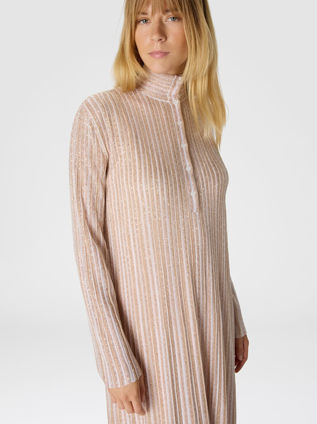 Long Button-Down Dress with Lamé Stripes and Long Sleeves - 5