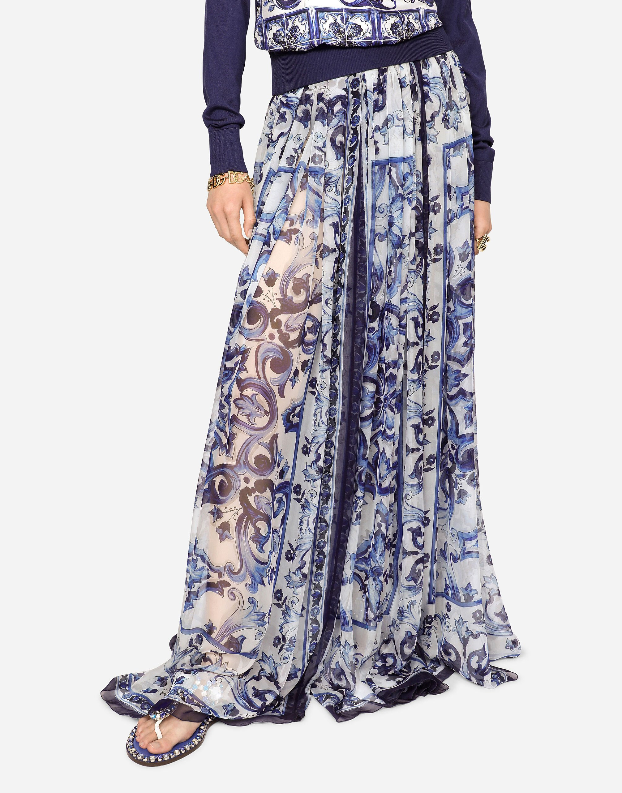 Long majolica-print chiffon skirt - 4