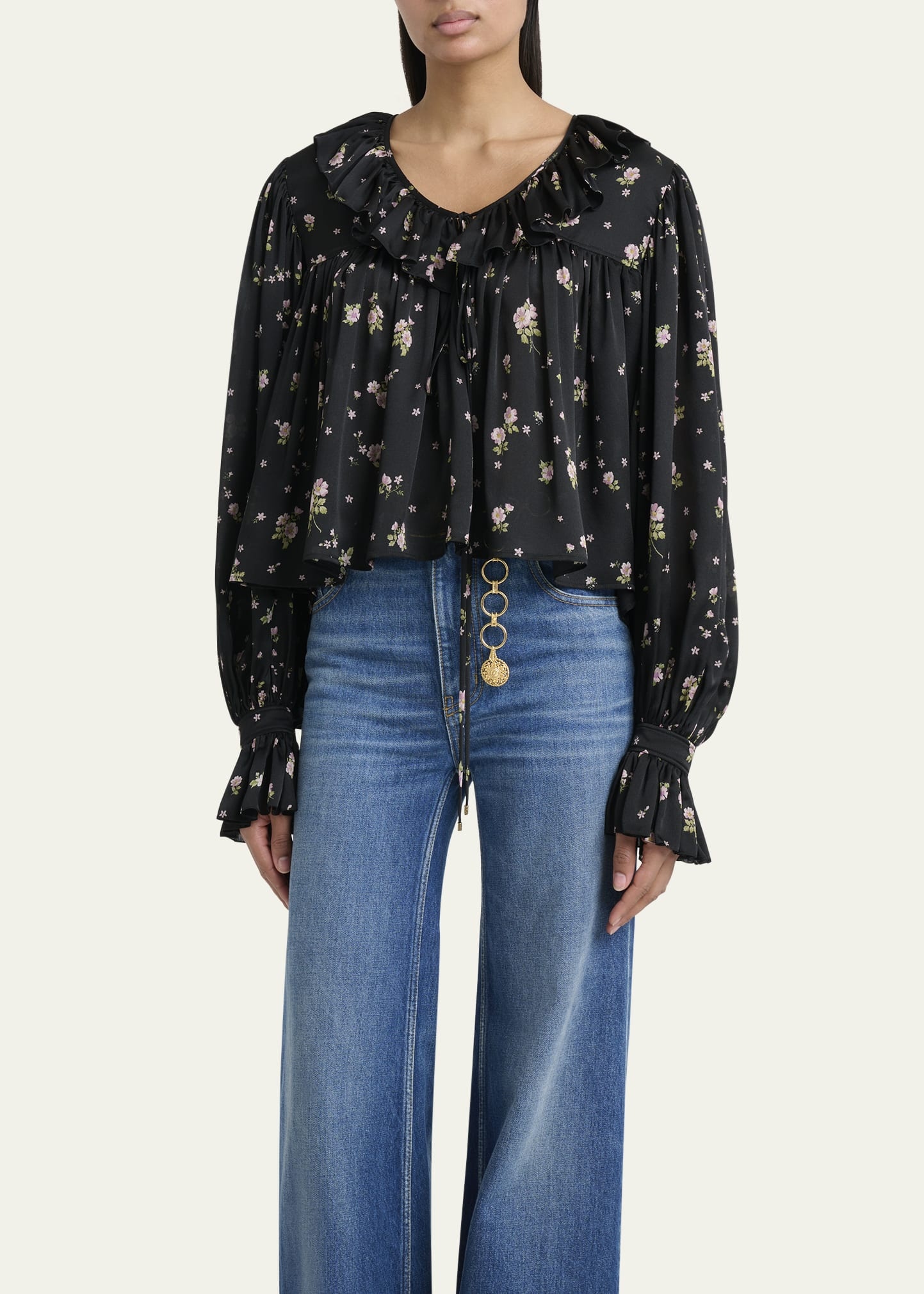 Floral Silk Ruffle Peasant Blouse - 4