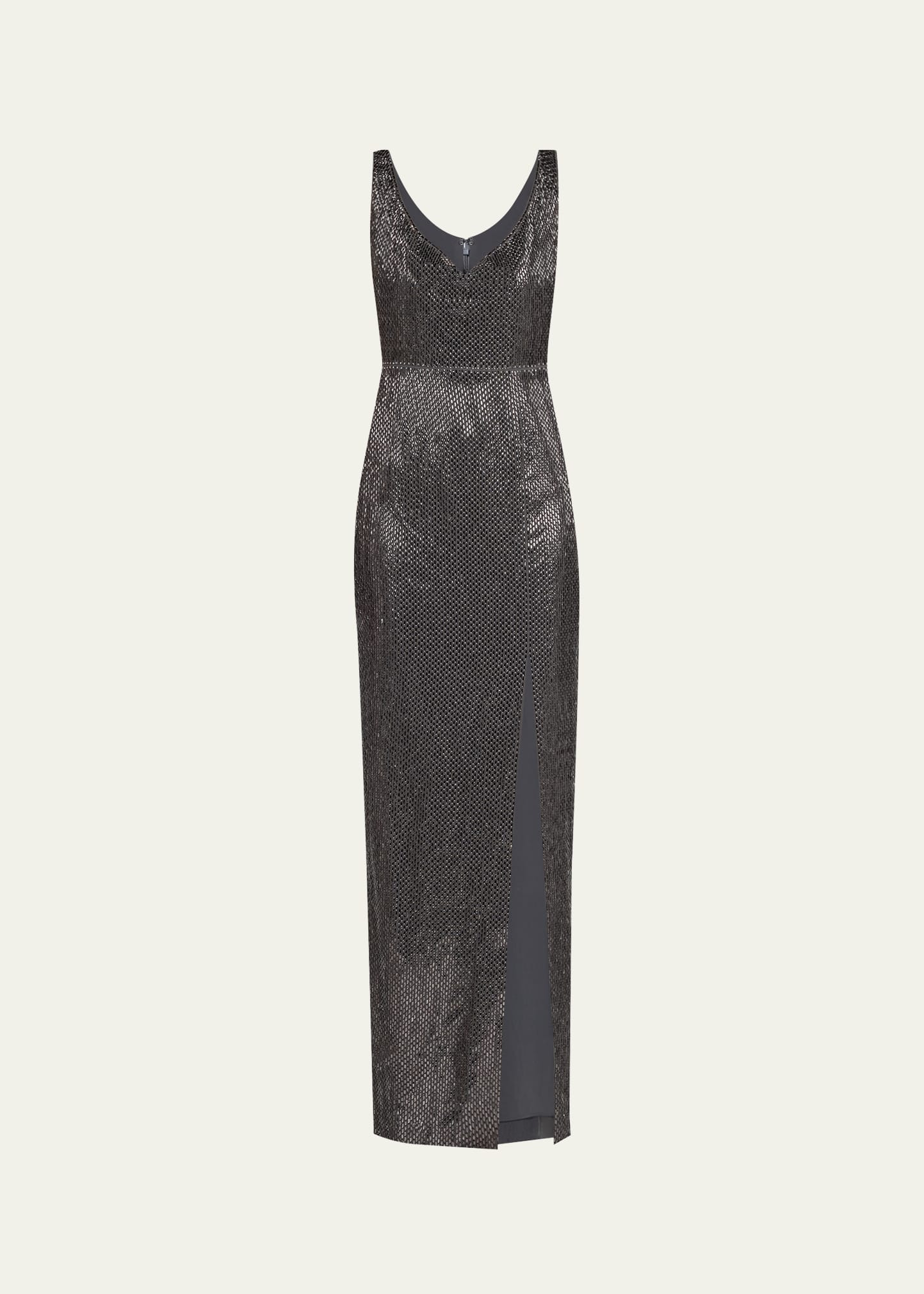 V-Neck Diamante Crepe Sleeveless Gown - 1