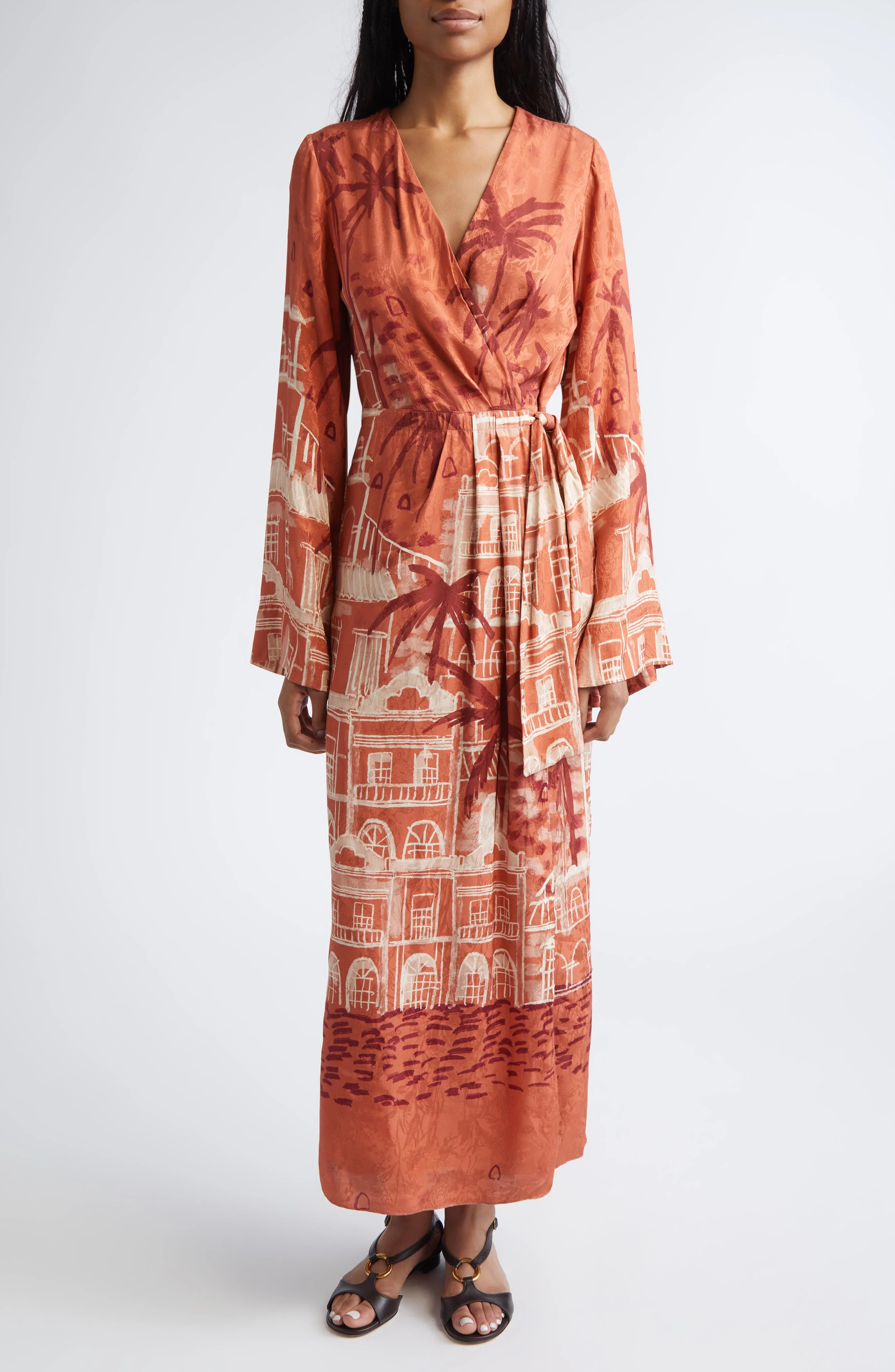 Johanna Ortiz Ollantay Tropical Jacquard Long Sleeve Wrap Dress in Marsala /Ecru at Nordstrom - 1