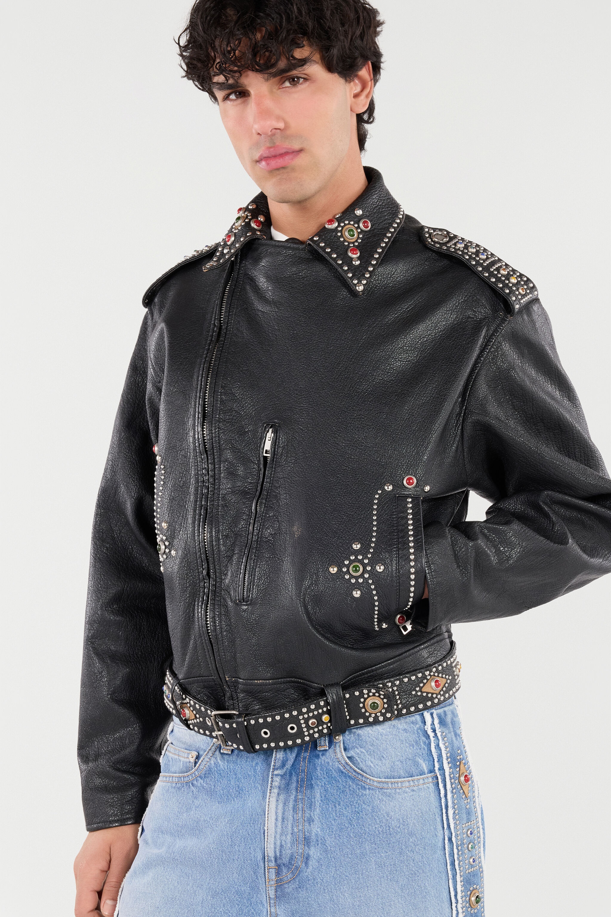 Leather Biker Jacket with Studs and Stones - 5