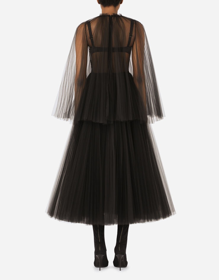 Tulle calf-length dress with sunray pleats and cape detail - 2