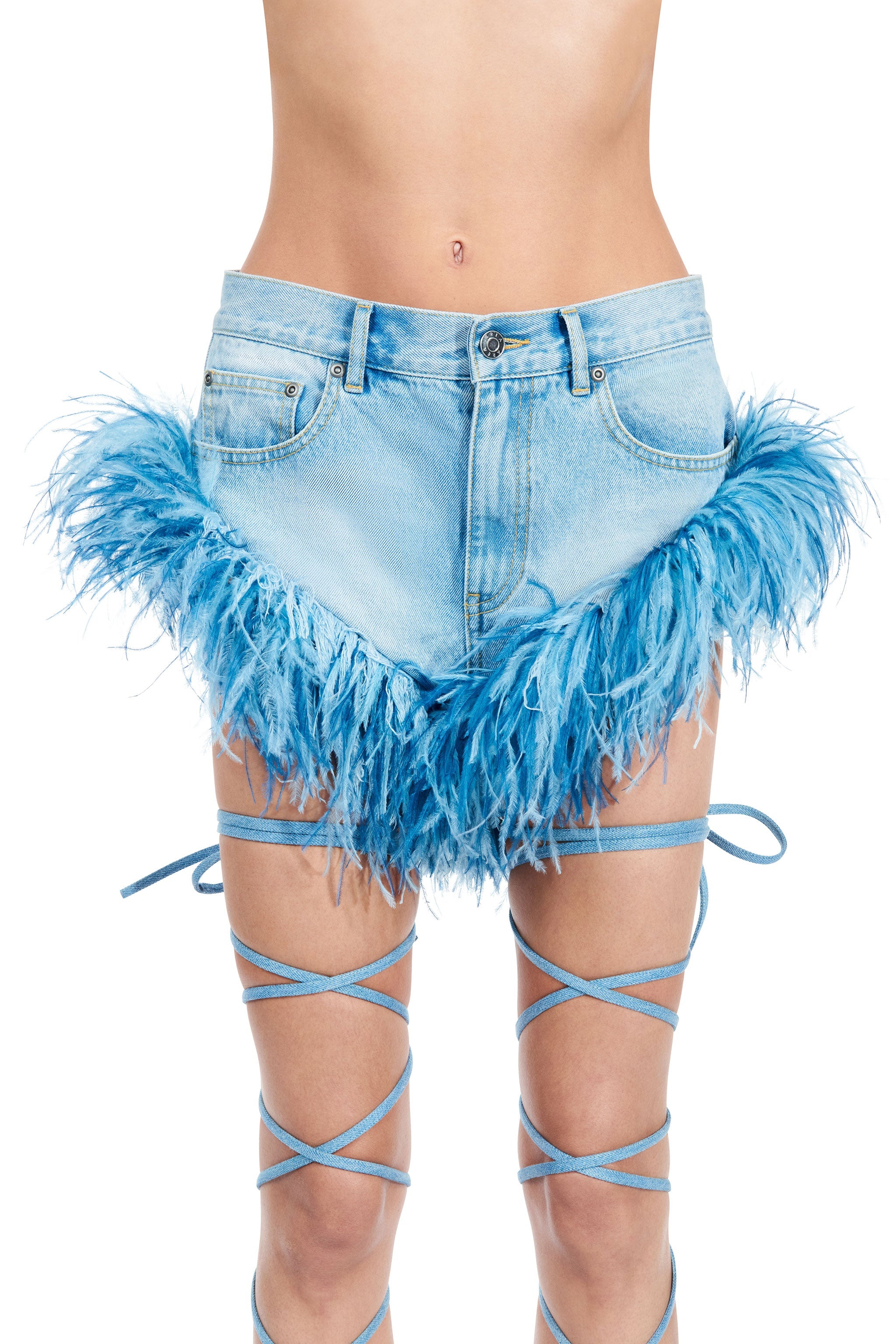 FRAYED DENIM FEATHER TRIM HOT SHORT - 2
