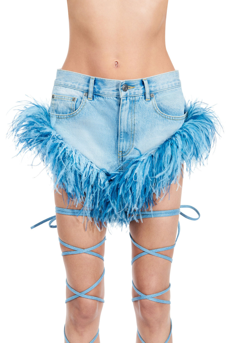 AREA FRAYED DENIM FEATHER TRIM HOT SHORT outlook