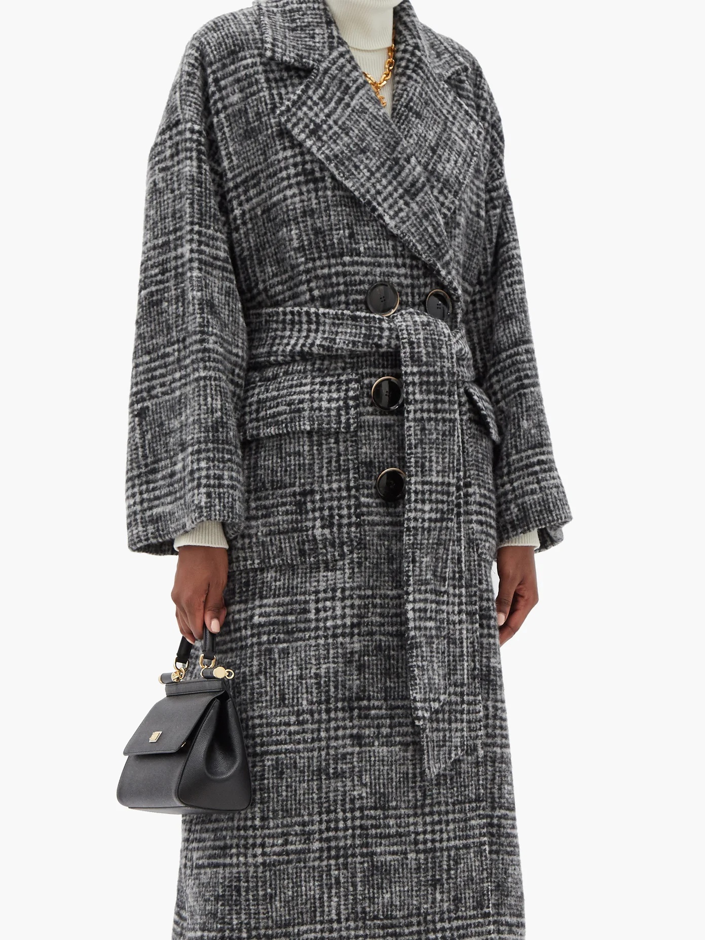 Belted Prince of Wales-check wool-blend coat - 6