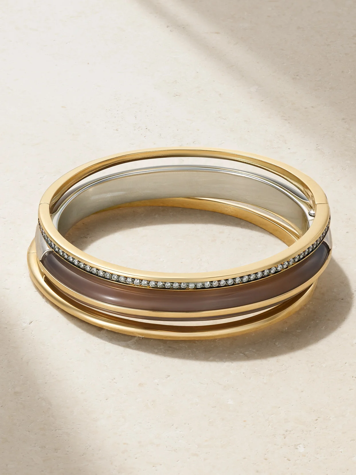Classic Stack Set Of Three 14-karat Recycled Gold, Sterling Silver, Diamond And Agate Bracelets - 1