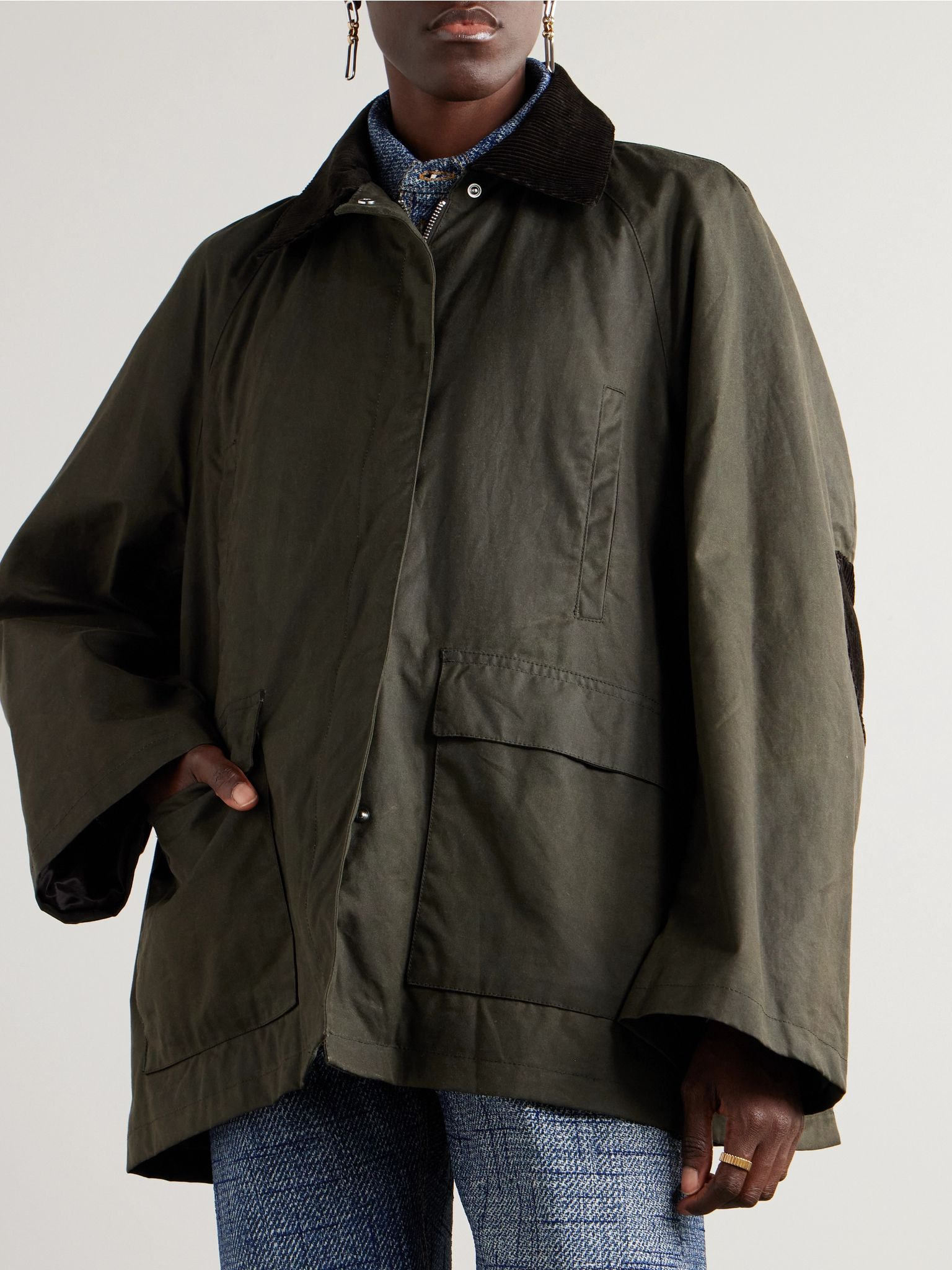 Oversized corduroy-trimmed waxed organic cotton jacket Green - 3