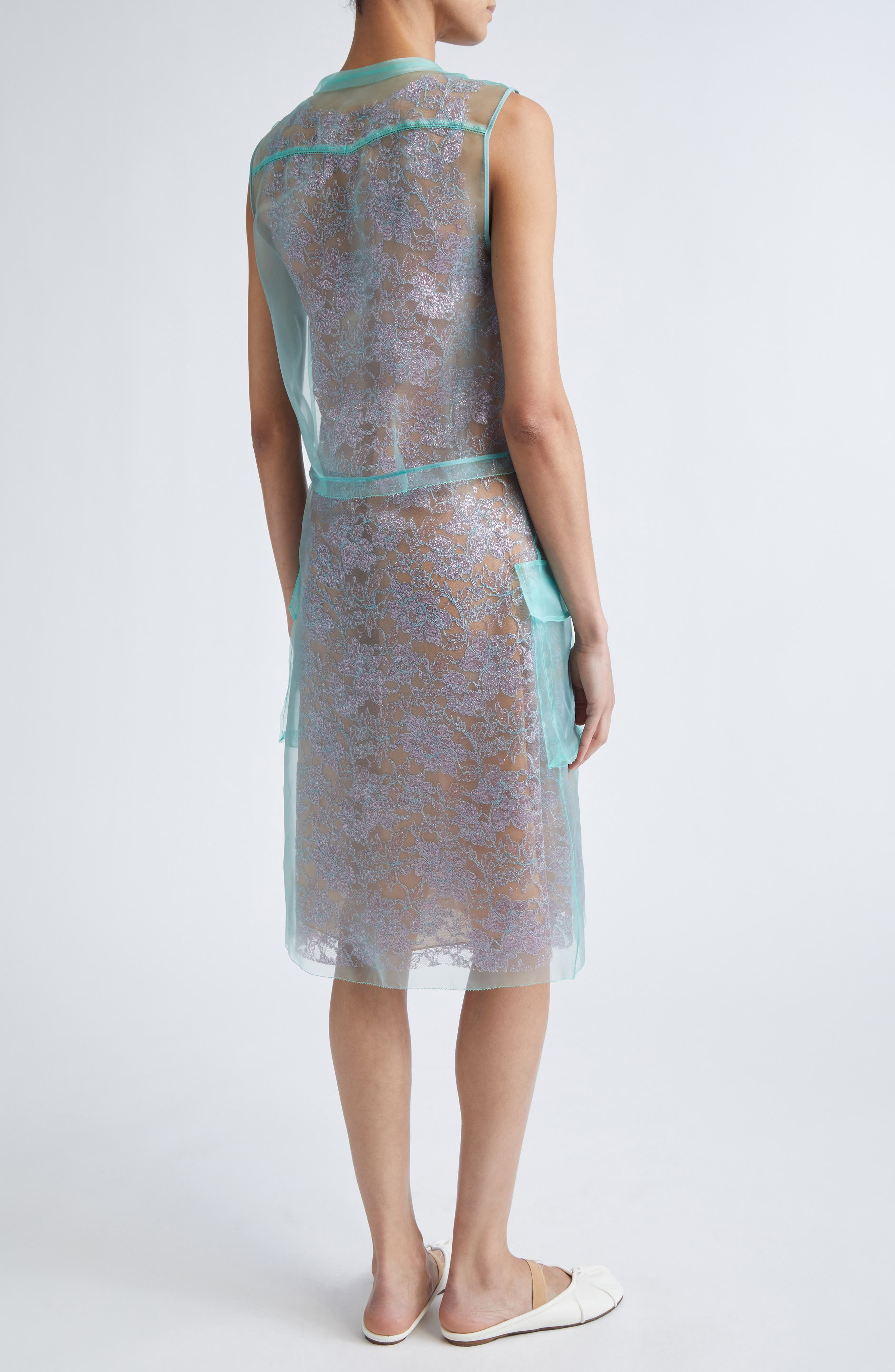 Maison Margiela Sheer Overlay Sleeveless Shirtdress in Emerald/Antique Rose at Nordstrom - 2