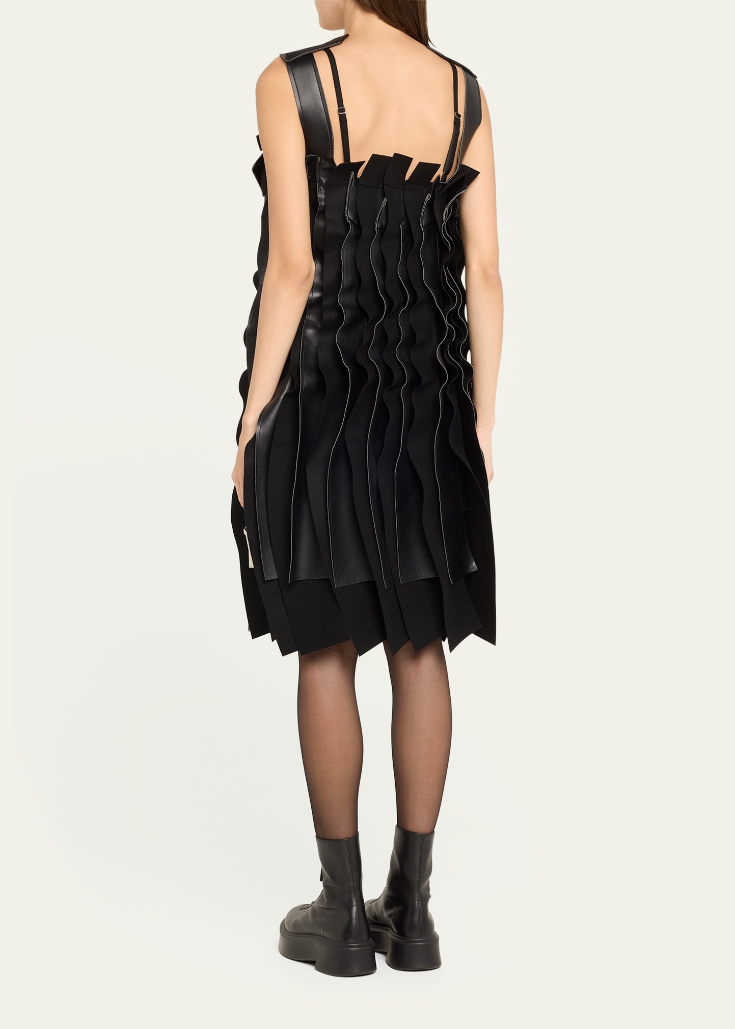 Pleated Faux Leather Wool Panel Zippered Dress - 3
