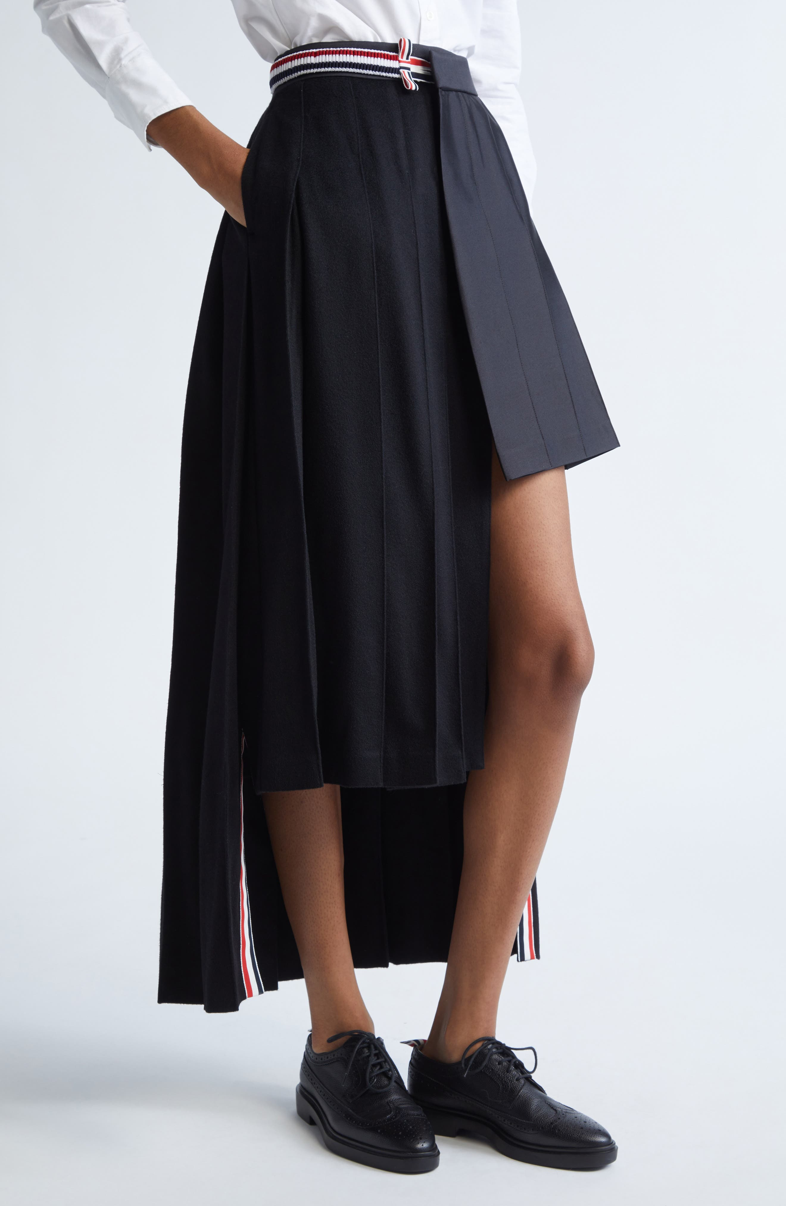 Thom Browne Pleated Asymmetric Mixed Media Wrap Skirt in Black at Nordstrom - 4