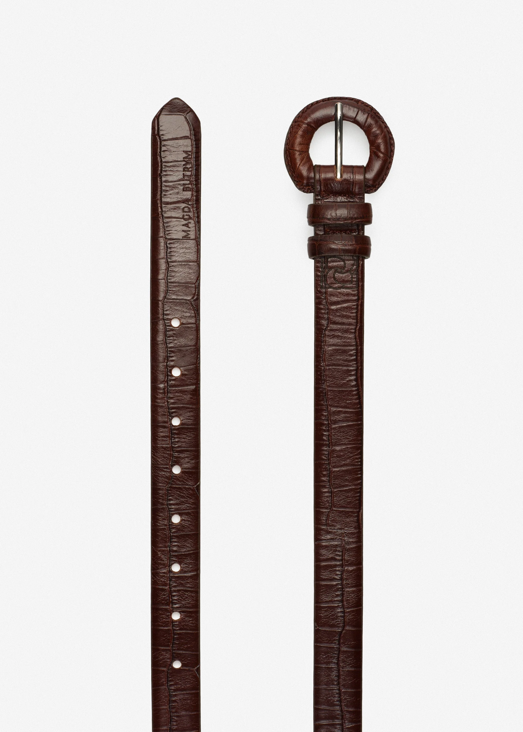 Croc-effect leather belt with rounded buckle in brown - 1