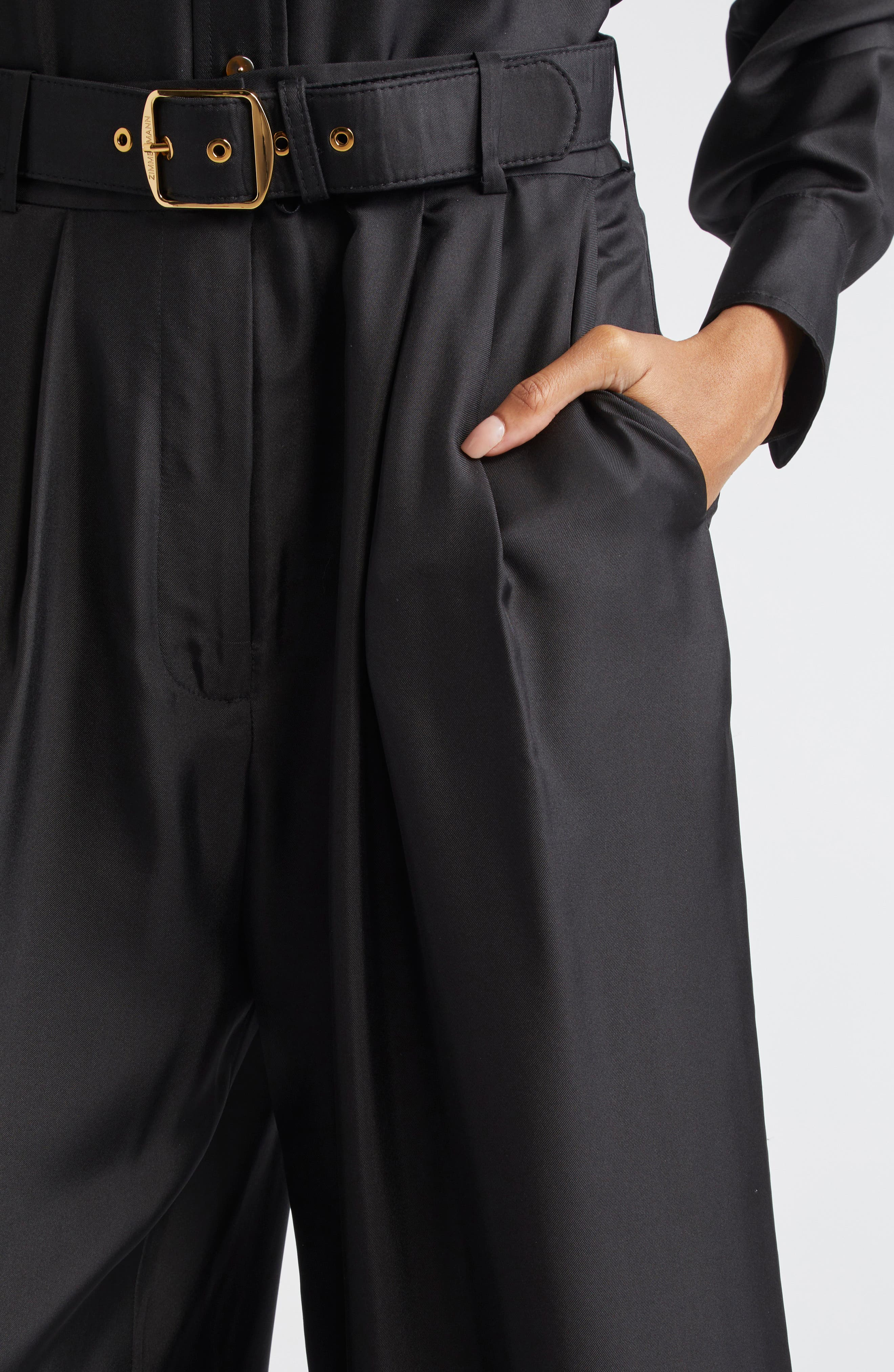 Zimmermann Belted Pleated Wide Leg Silk Trousers in Black at Nordstrom - 5