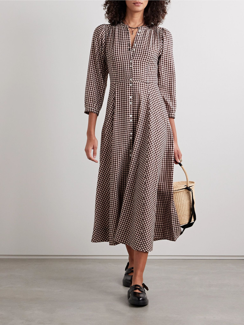 DÔEN Marielle checked organic cotton-flannel midi dress Brown outlook
