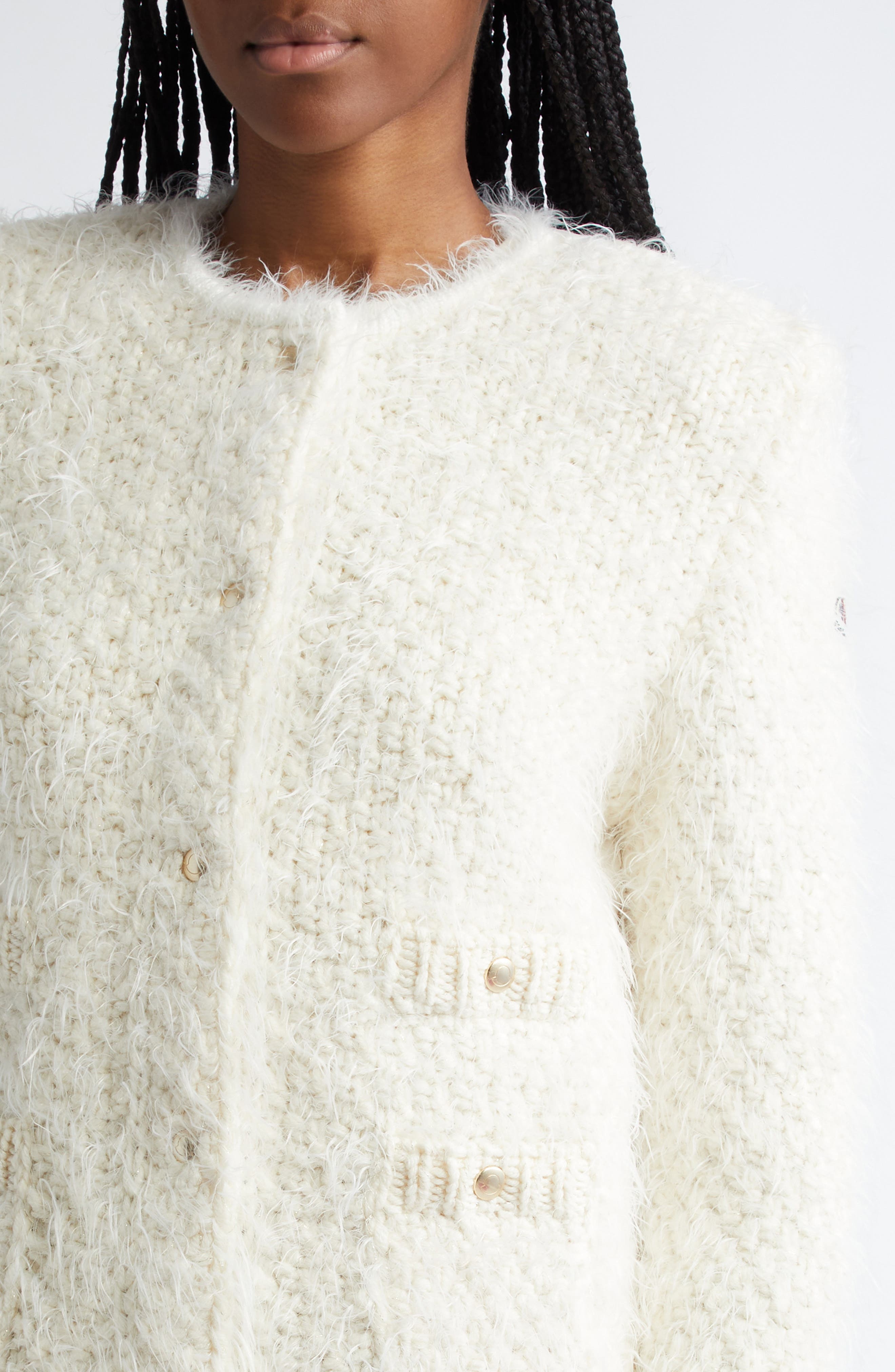 Moncler Fuzzy Wool Blend Knit & Quilted Down Cardigan in Silk White at Nordstrom - 5