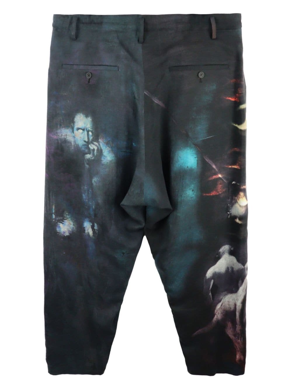 Yohji Yamamoto abstract-print drop-crotch trousers | REVERSIBLE
