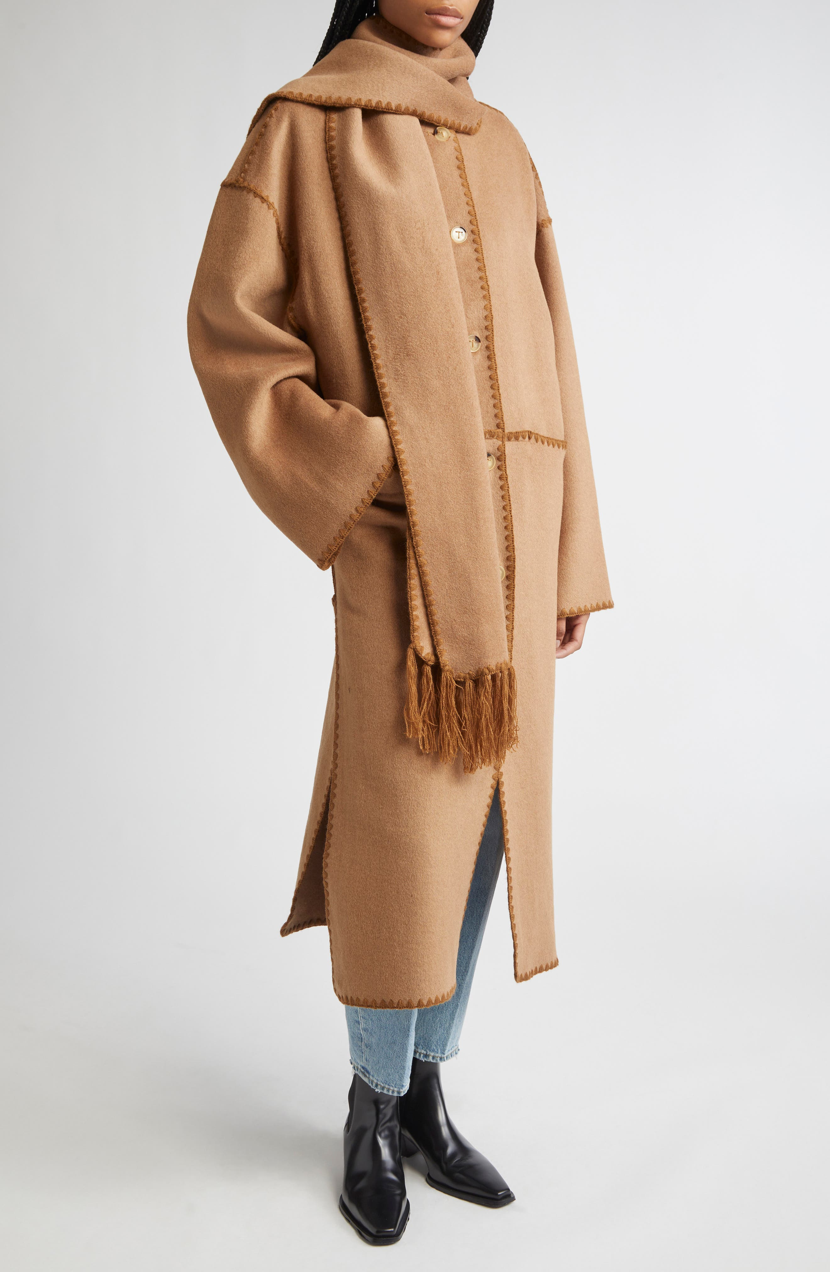 TOTEME Embroidered Scarf Wool Blend Coat in Camel at Nordstrom - 5