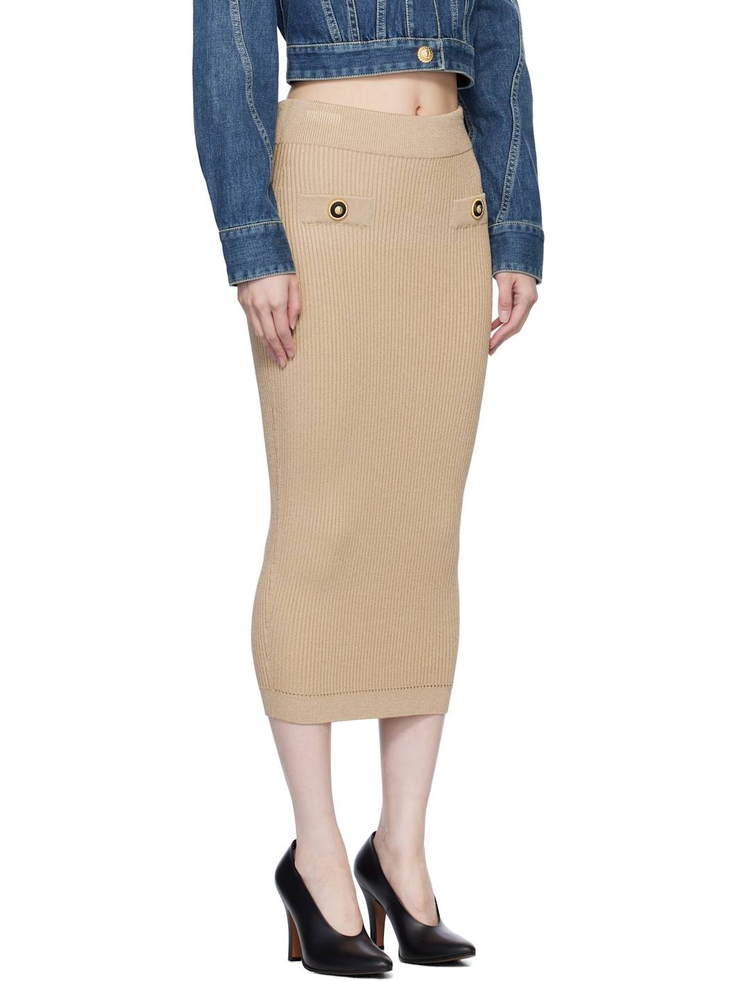Beige Plain Ribbed Knit Midi Skirt - 2