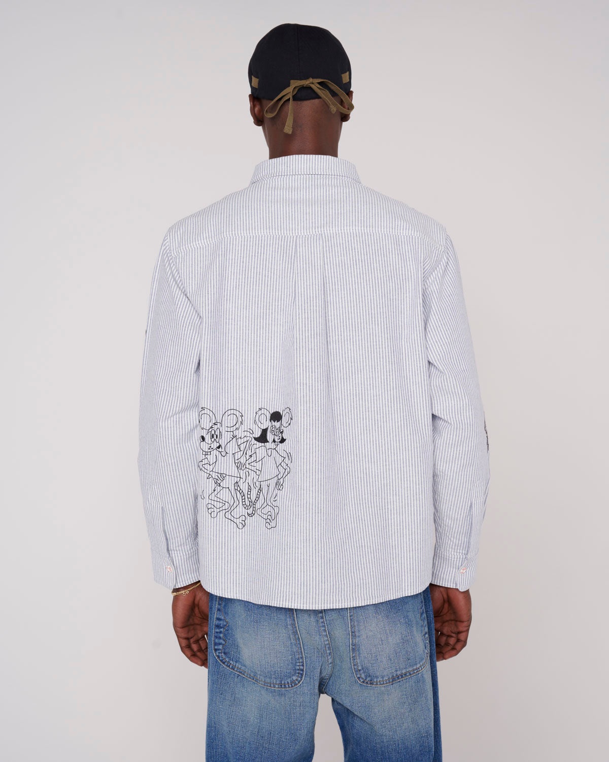 Striped Embroidered Mouse Button Up Shirt - Blue - 6